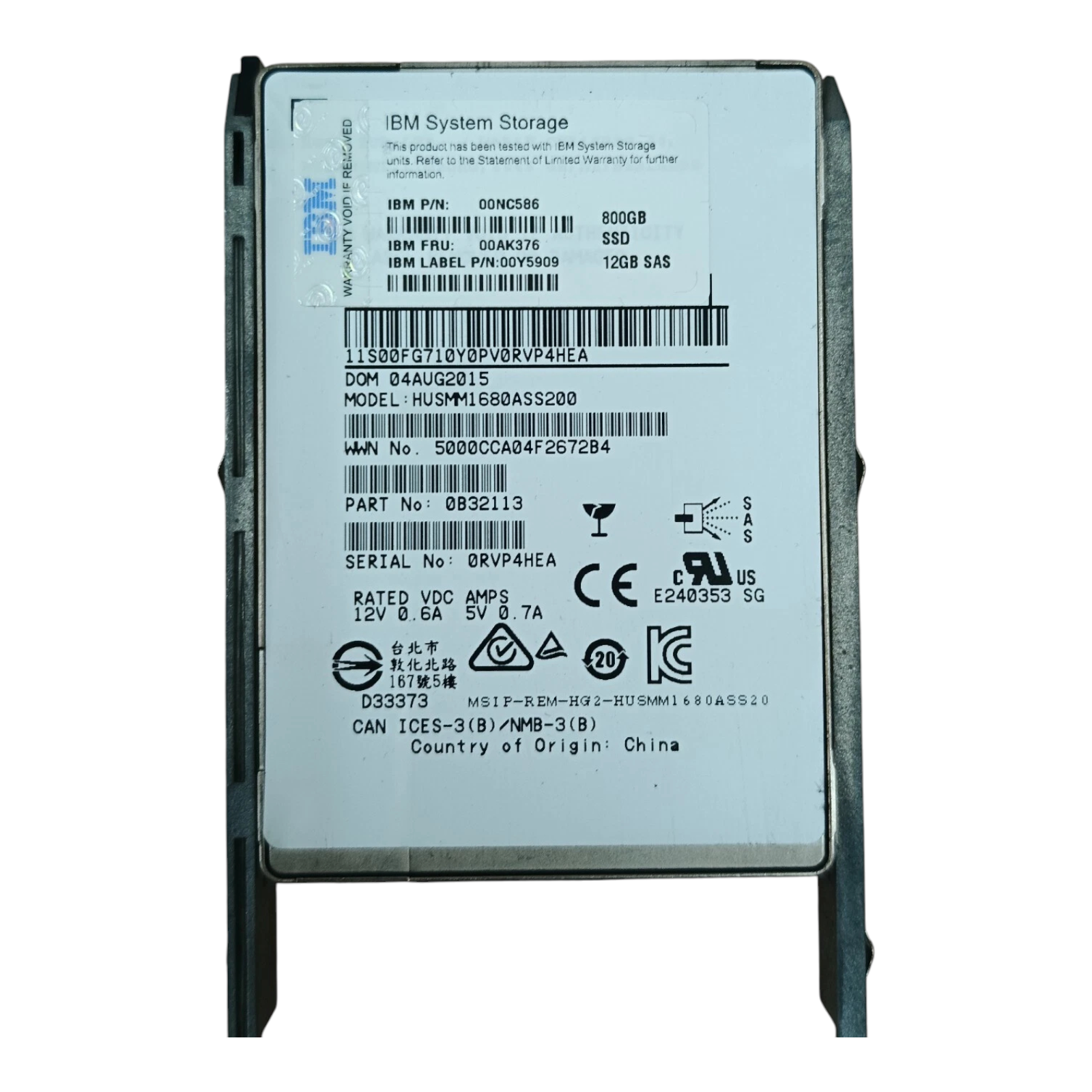 IBM 00NC586 800GB 2.5” SAS SSD 12Gb | System Storage FRU 00AK376 Enterprise Drive w/o caddy
