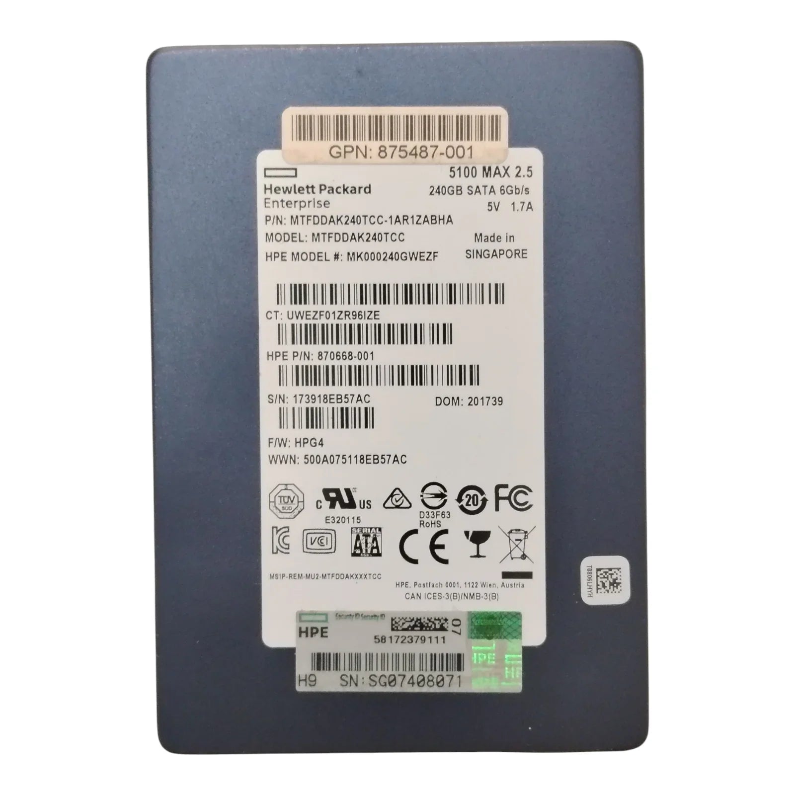 HP 870668-001 240GB 6G SATA 2.5" MU SSD – MTFDDAK240TCC Enterprise Solid State Drive