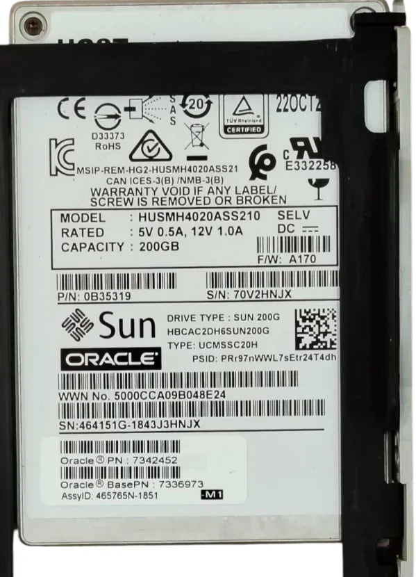 HGST HUSMH4020ASS210 200GB SAS 12Gb/s 2.5" Enterprise SSD – Sun Oracle 7342452 w/o caddy