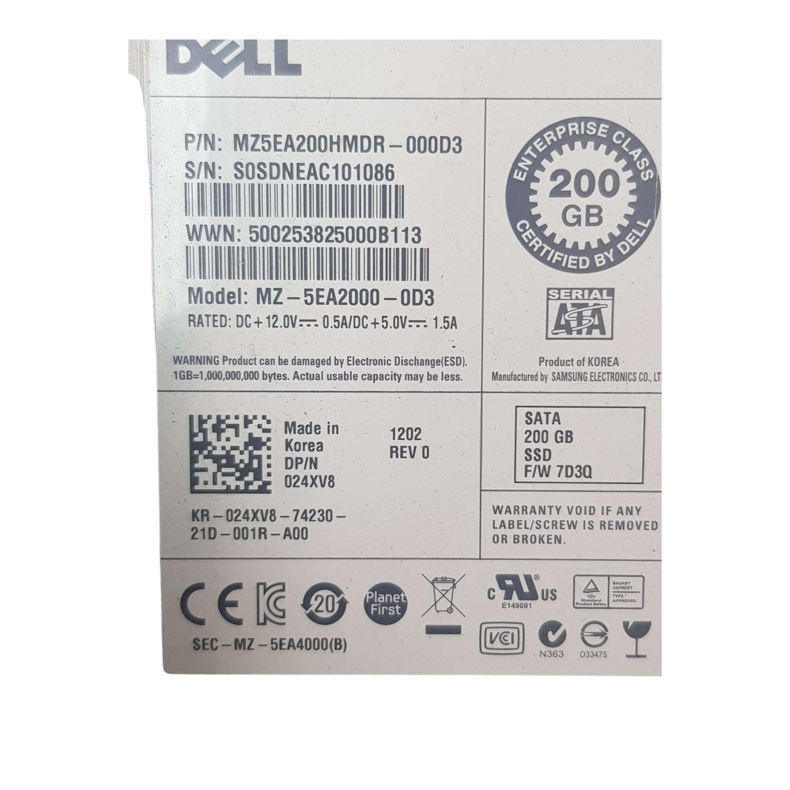 Dell 024XV8 200GB SATA SSD 2.5" Solid State Drives MZ5EA200HMDR-000D3