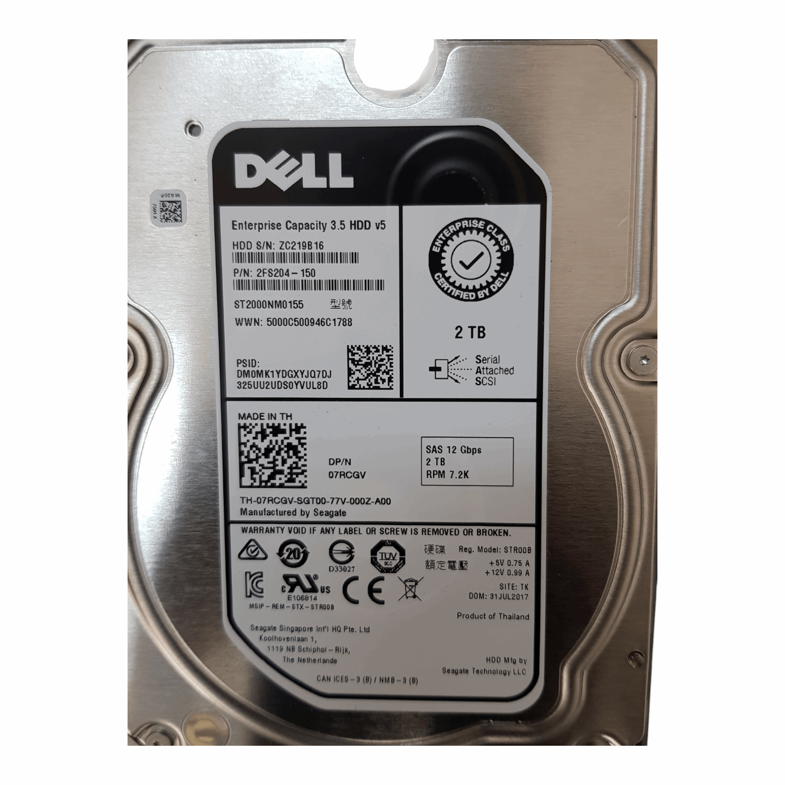 Dell 07RCGV 2FS204-150 2TB 7.2K SAS 12Gb/s 3.5" Enterprise HDD – Seagate ST2000NM0155