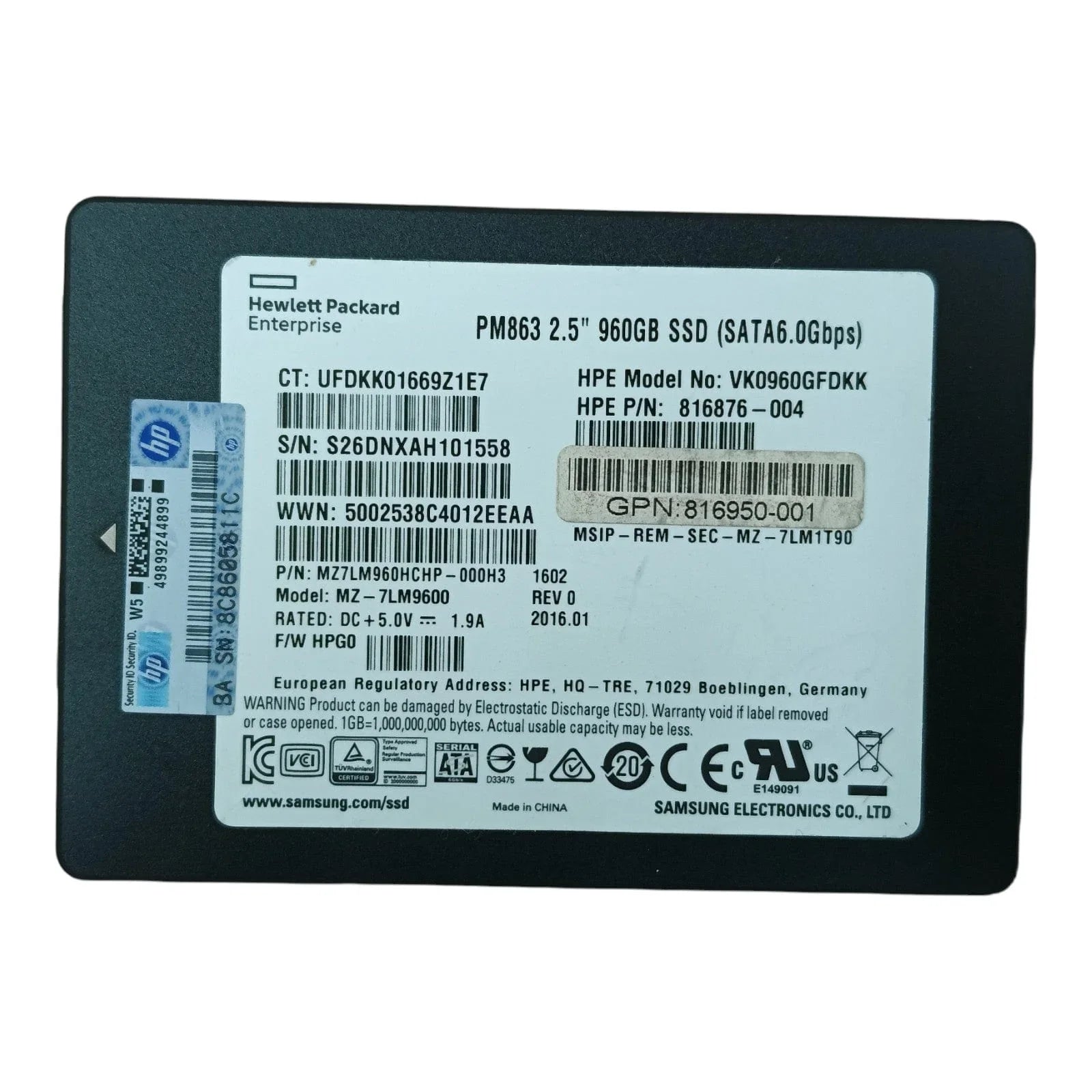 HP 816876-004 960GB SATA 2.5" Enterprise SSD – Samsung PM863 High-Performance Server Drive