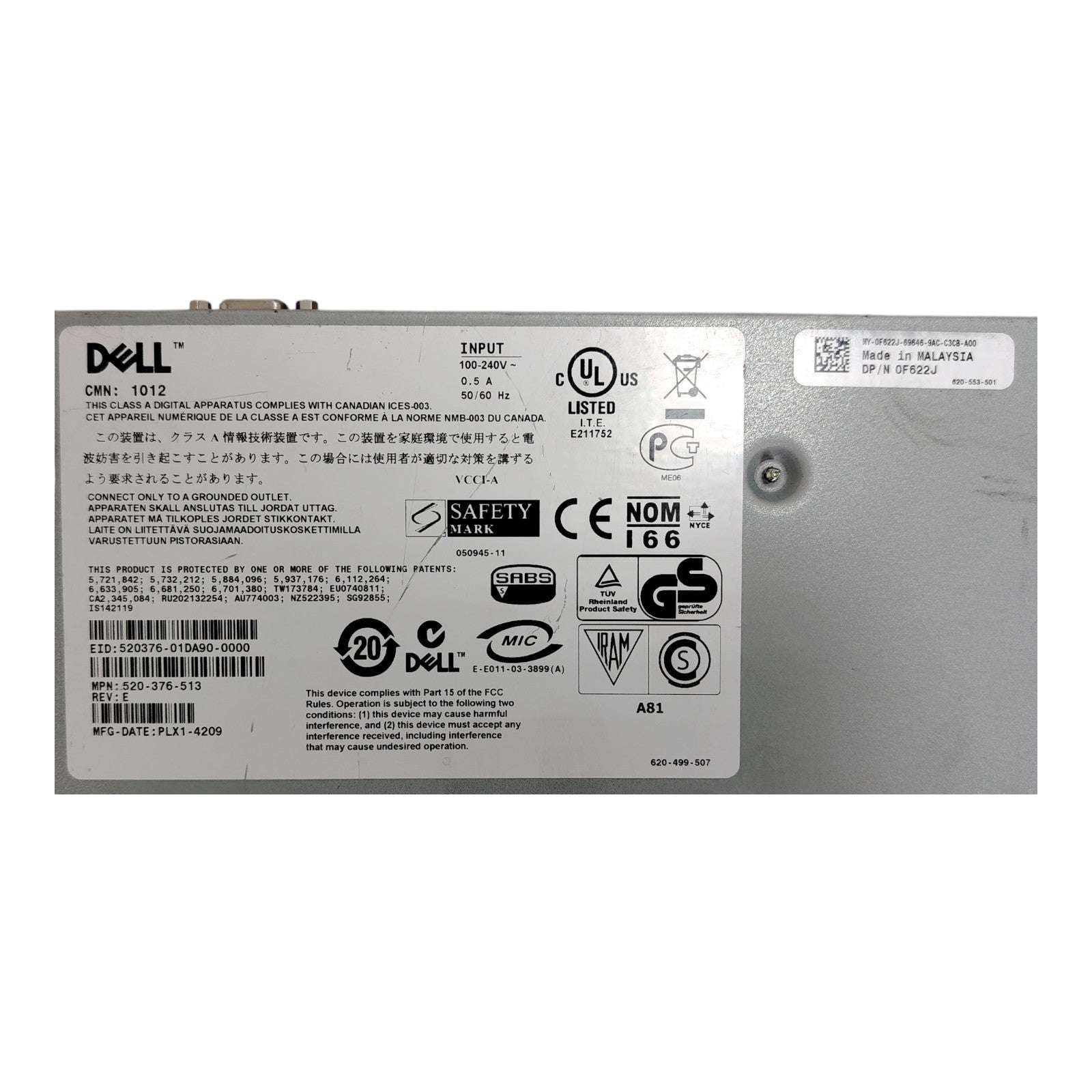 Dell PowerEdge 180AS 8-Port KVM Console Switch – Rackmount 1U (P/N: 0F622J / F622J)