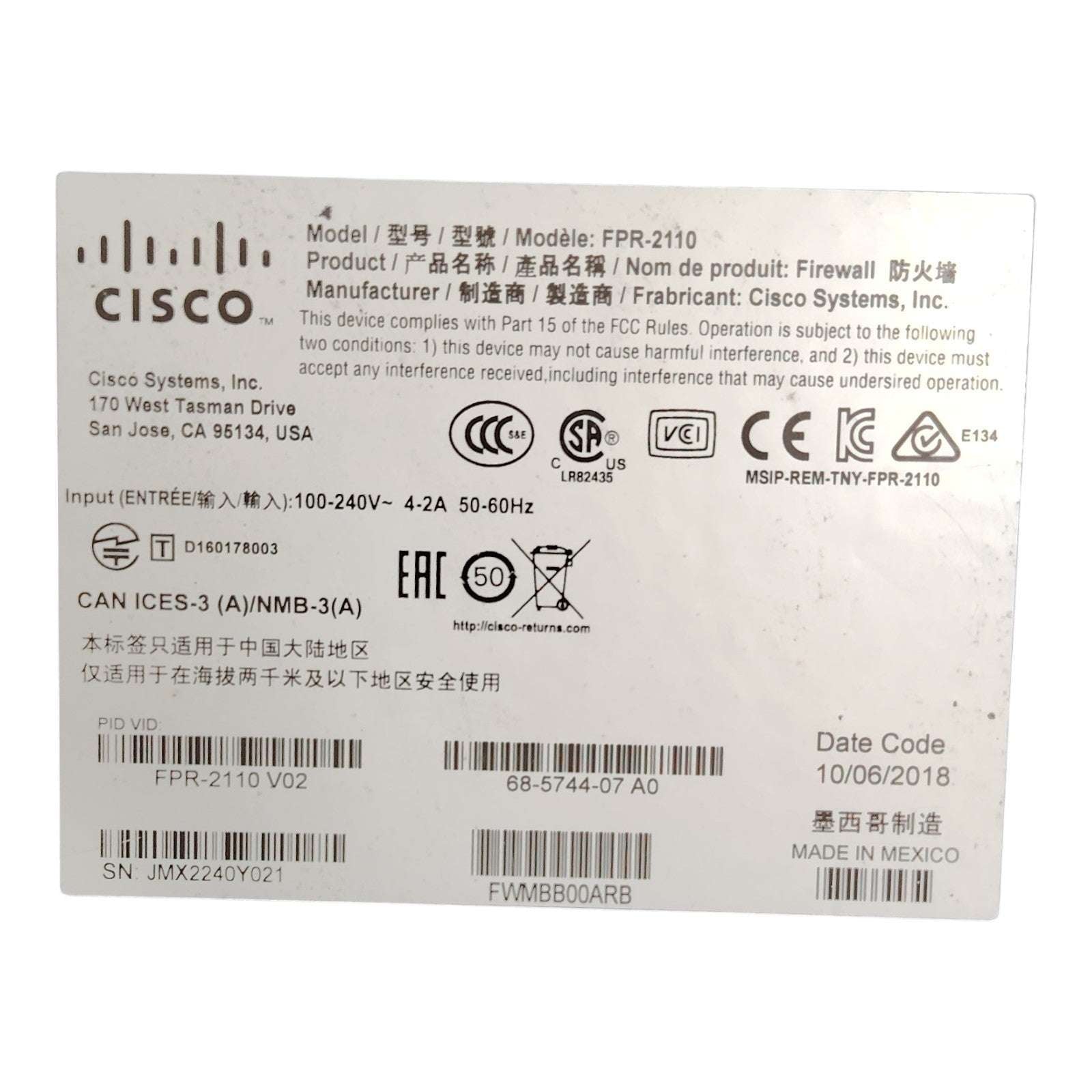 Cisco Firepower FPR-2110 Next-Generation Firewall | 12x RJ-45 | 4x SFP Ports