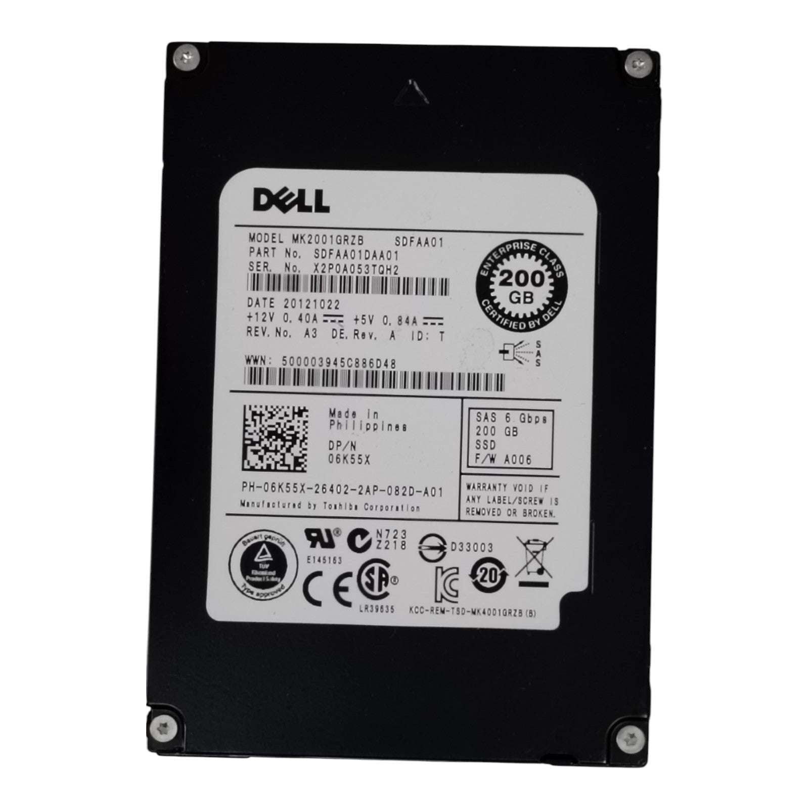 Dell 06K55X 200GB SAS SSD MK2001GRZB | 2.5" Enterprise SLC NAND 6Gb/s Solid State Drive