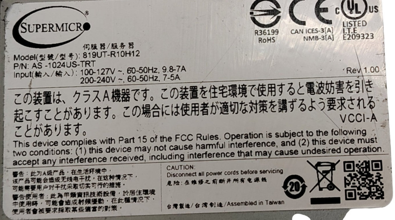 Supermicro 819UT-R10H12 1U Rackmount Server | Dual AMD EPYC 7282 | NO RAM | Redundant 1000W PSU