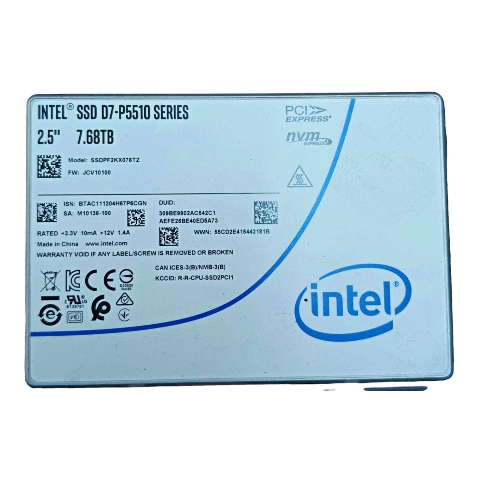 Intel D7-P5510 7.68TB NVMe U.2 PCIe Gen4 2.5" SSD – SSDPF2KX076TZ Enterprise Drive