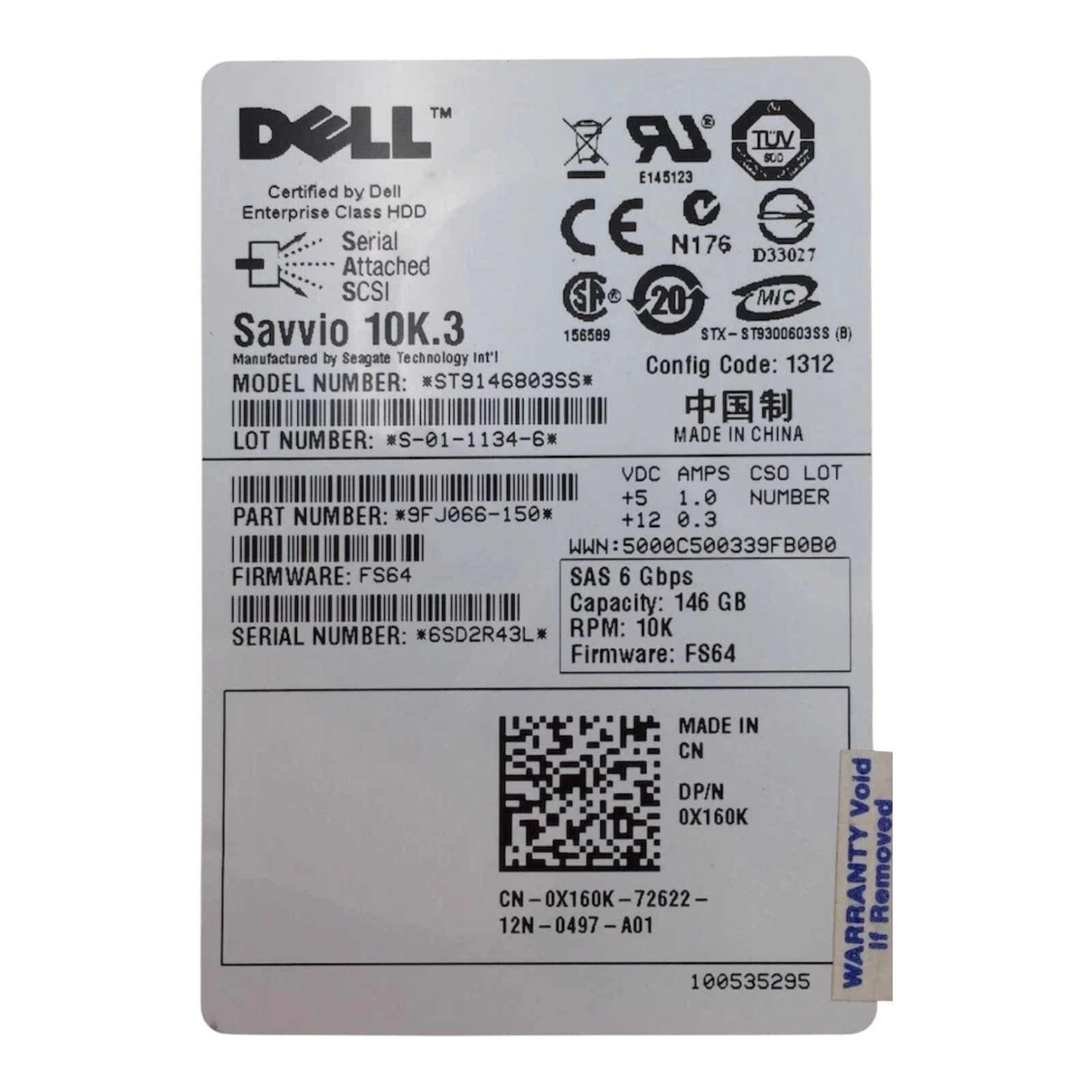 Dell 146GB 10K RPM 2.5" SAS 6Gb/s Enterprise Hard Drive | P/N 0X160K | ST9146803SS Savvio 10K.3