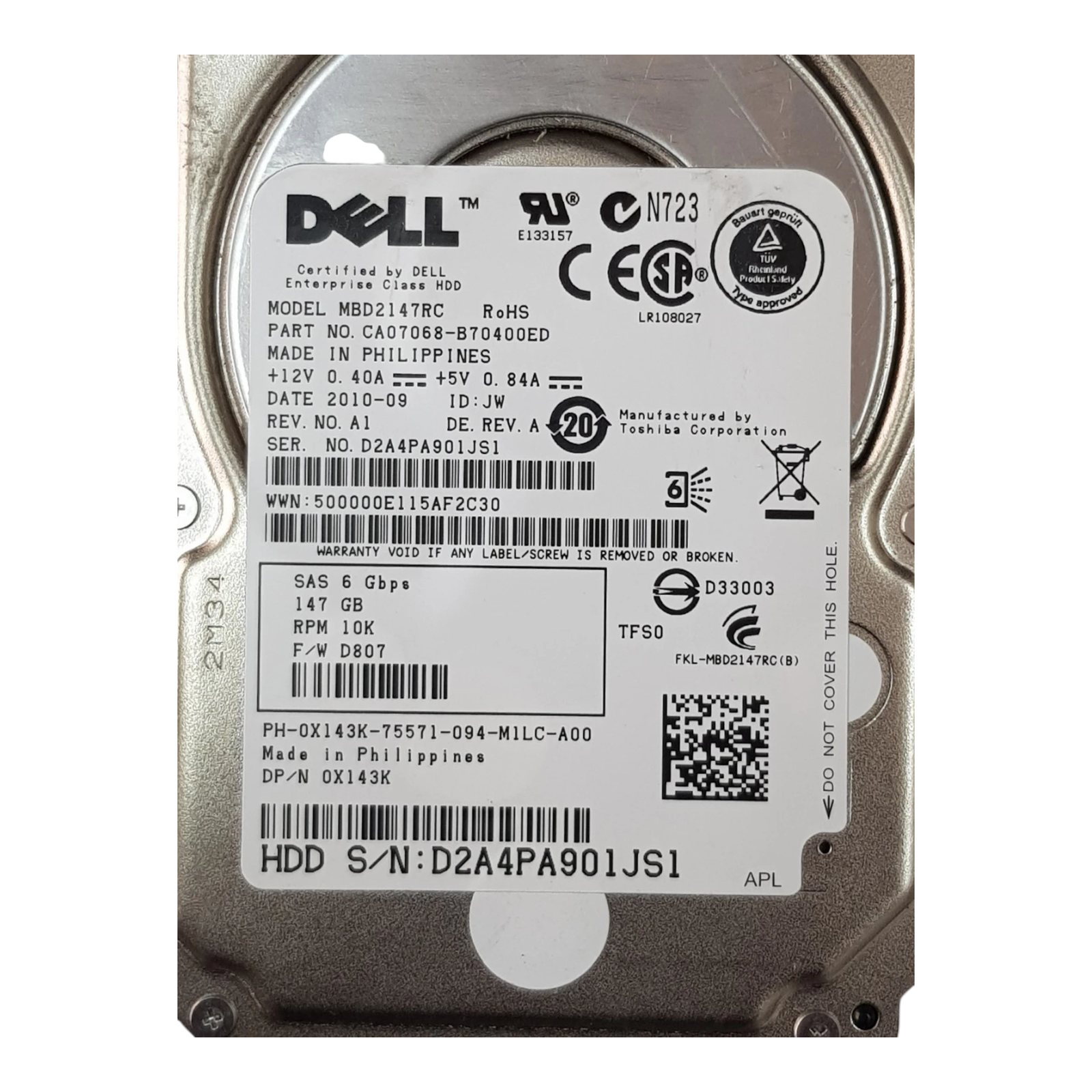 Dell 147GB 10K RPM 2.5" SAS HDD – MBD2147RC / 0X143K (Enterprise Hard Drive, W/O Caddy)