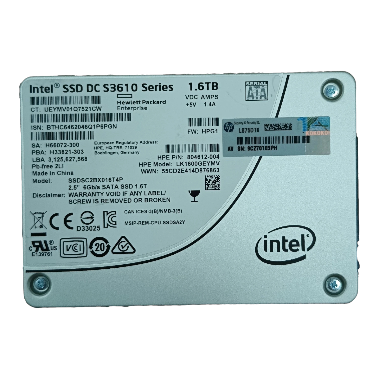 HP/Intel 1.6TB 2.5" SATA SSD | P/N 804612-004 | Model SSDSC2BX016T4P | Enterprise S3610 Series Drive