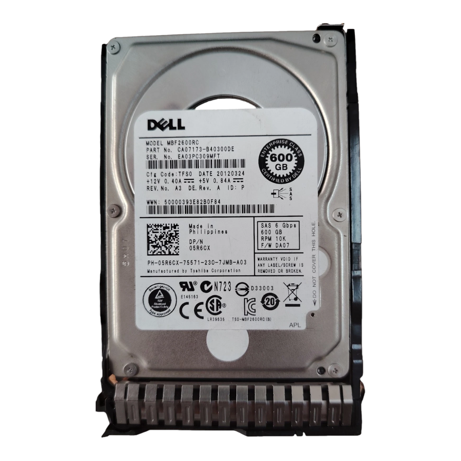 Dell 600GB 10K RPM 2.5" SAS HDD – MBF2600RC / P/N 05R6CX (Enterprise Hard Drive, W/O Caddy)