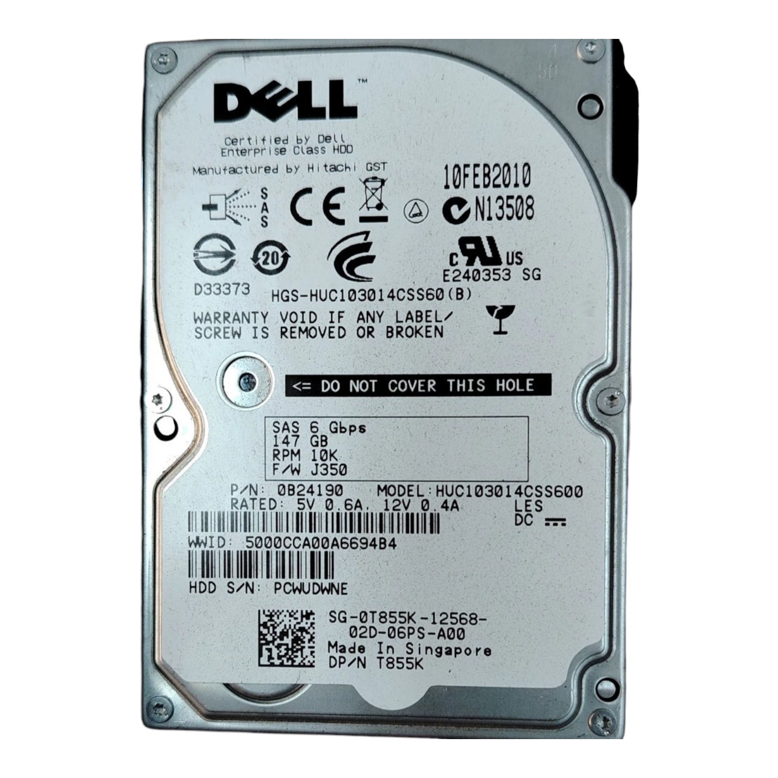 Dell 147GB 10K RPM 2.5" SAS HDD – 0T855K / HUC103014CSS600 (Enterprise Hard Drive, W/O Caddy)