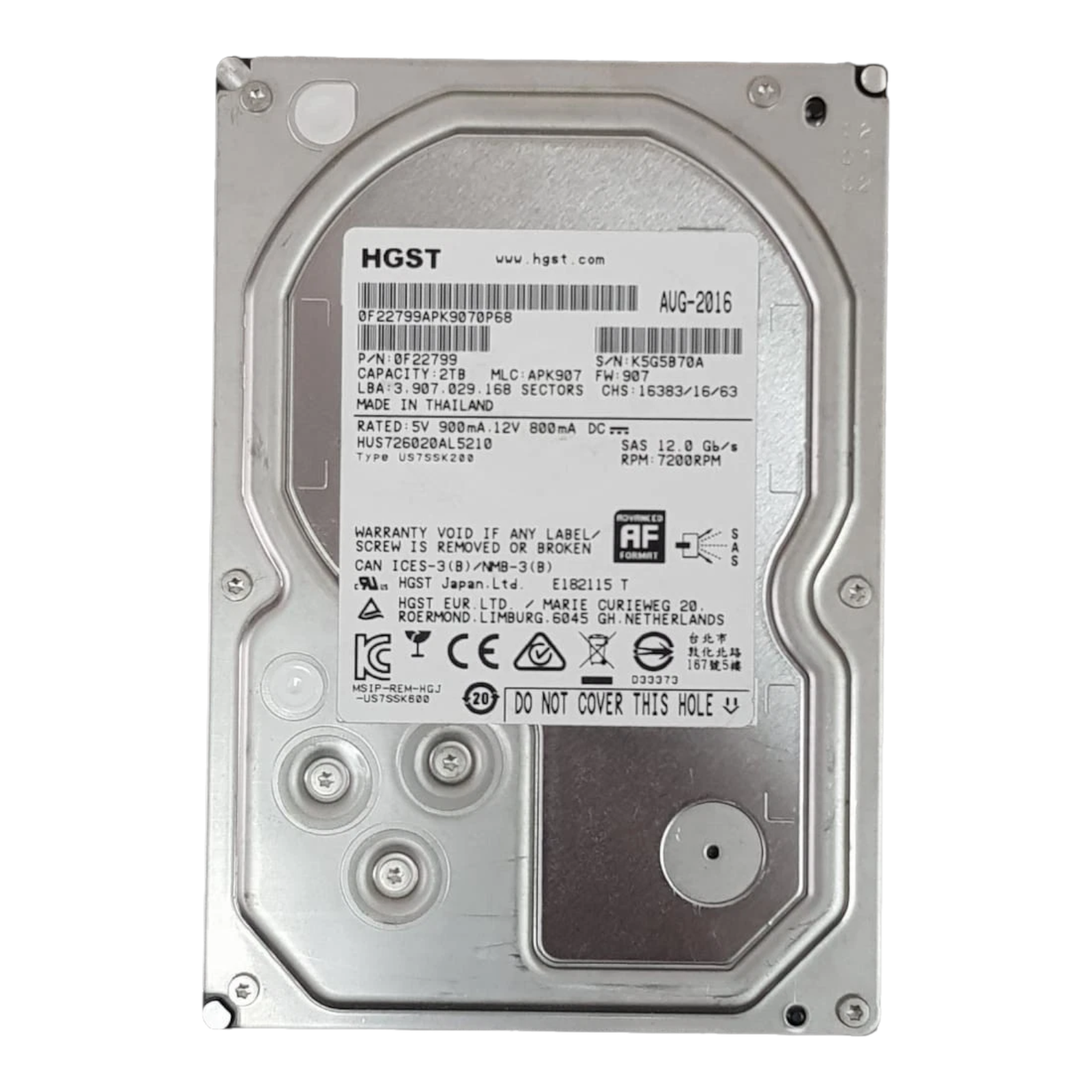 HGST 2TB 7.2K RPM 3.5" SAS 12Gb/s Enterprise HDD – P/N 0F22799 HUS726020AL5210
