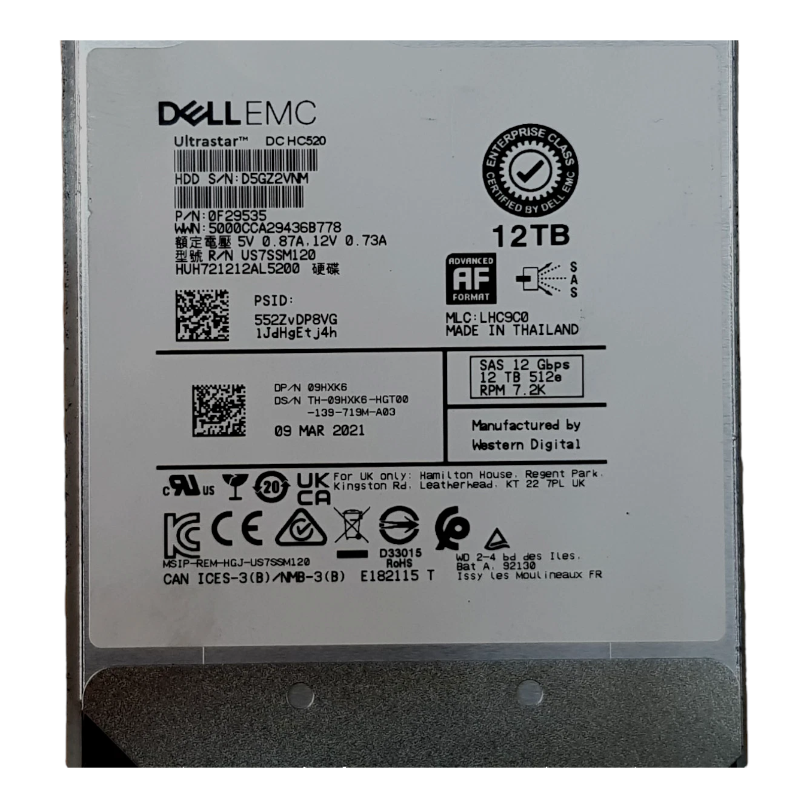 Dell 12TB 3.5" SAS 12Gb/s Enterprise HDD – P/N 09HXK6 HUH721212AL5200 7200RPM W/O Caddy