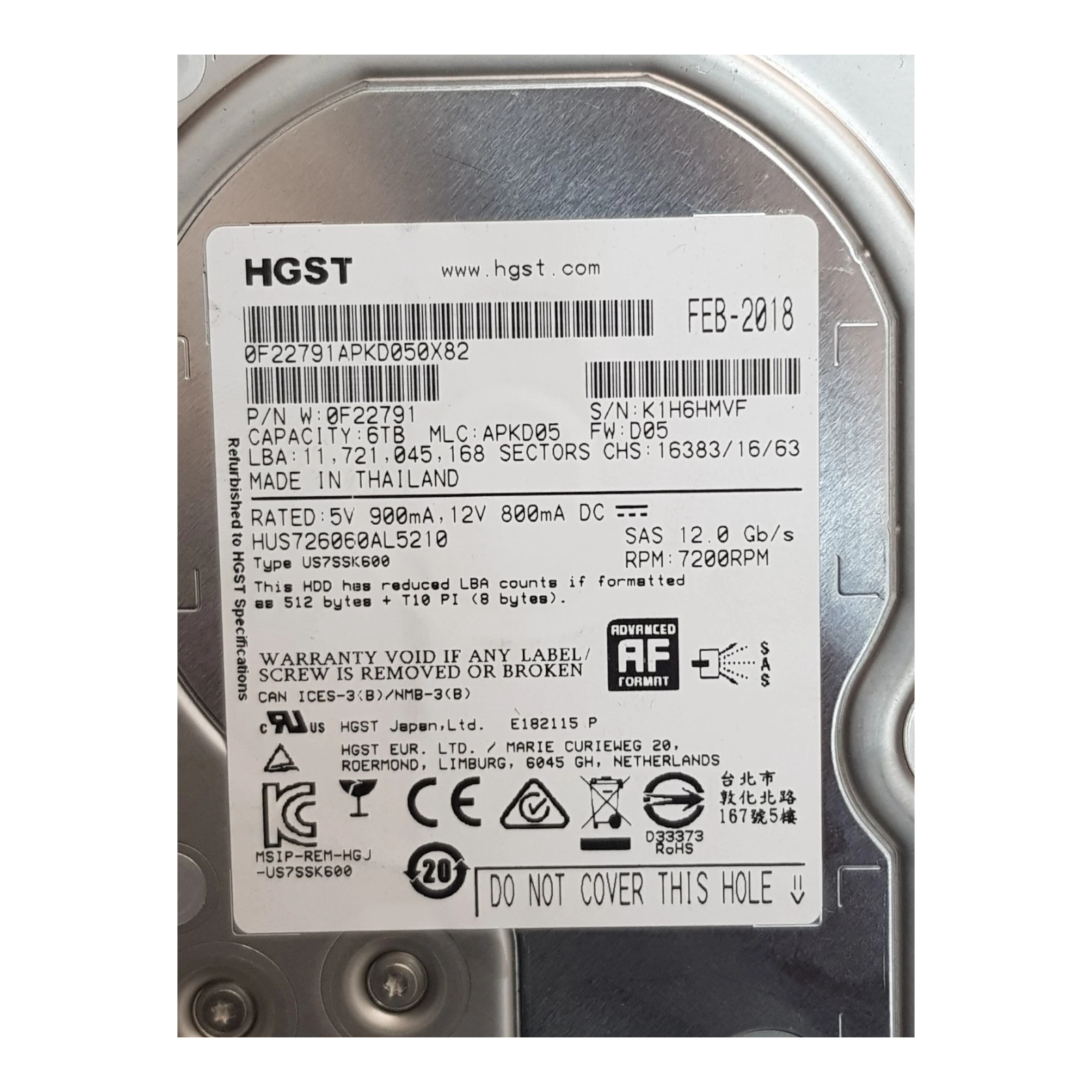 HGST 6TB 3.5" SAS HDD 7200RPM – Ultrastar HUS726060AL5210 (0F22791) Enterprise Hard Drive