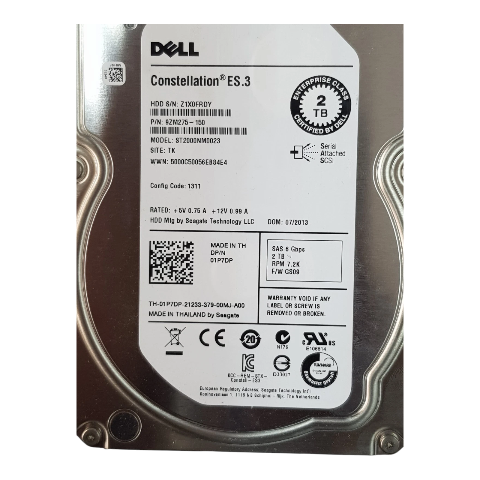 Dell 2TB 3.5" SAS 7.2K RPM Enterprise HDD – ST2000NM0023 (P/N 01P7DP) w/o caddy