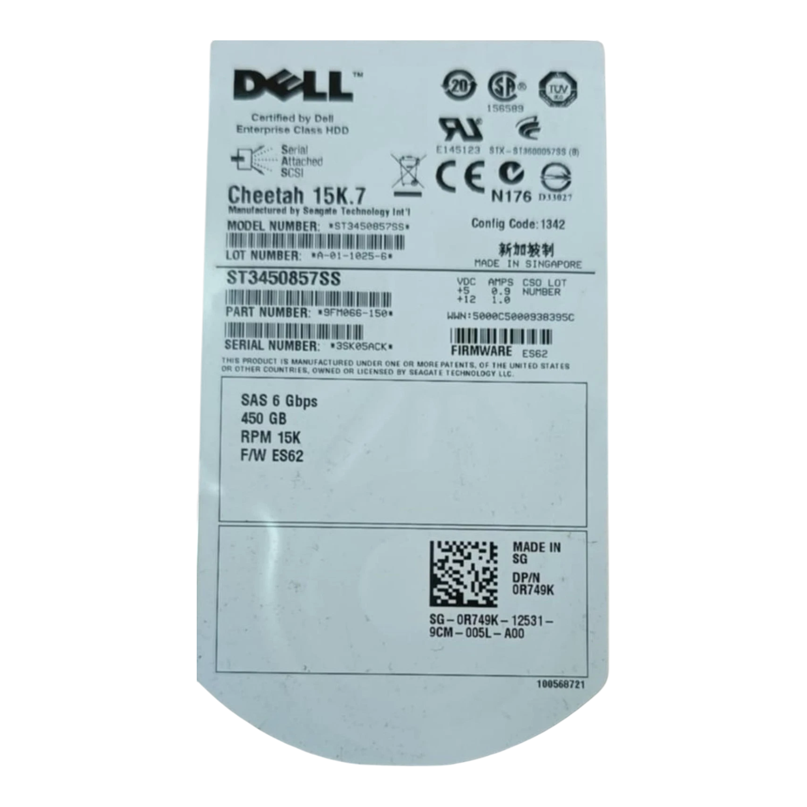 Dell 450GB 15K RPM 3.5" SAS 6Gb/s Enterprise Hard Drive | P/N 0R749K | ST3450857SS
