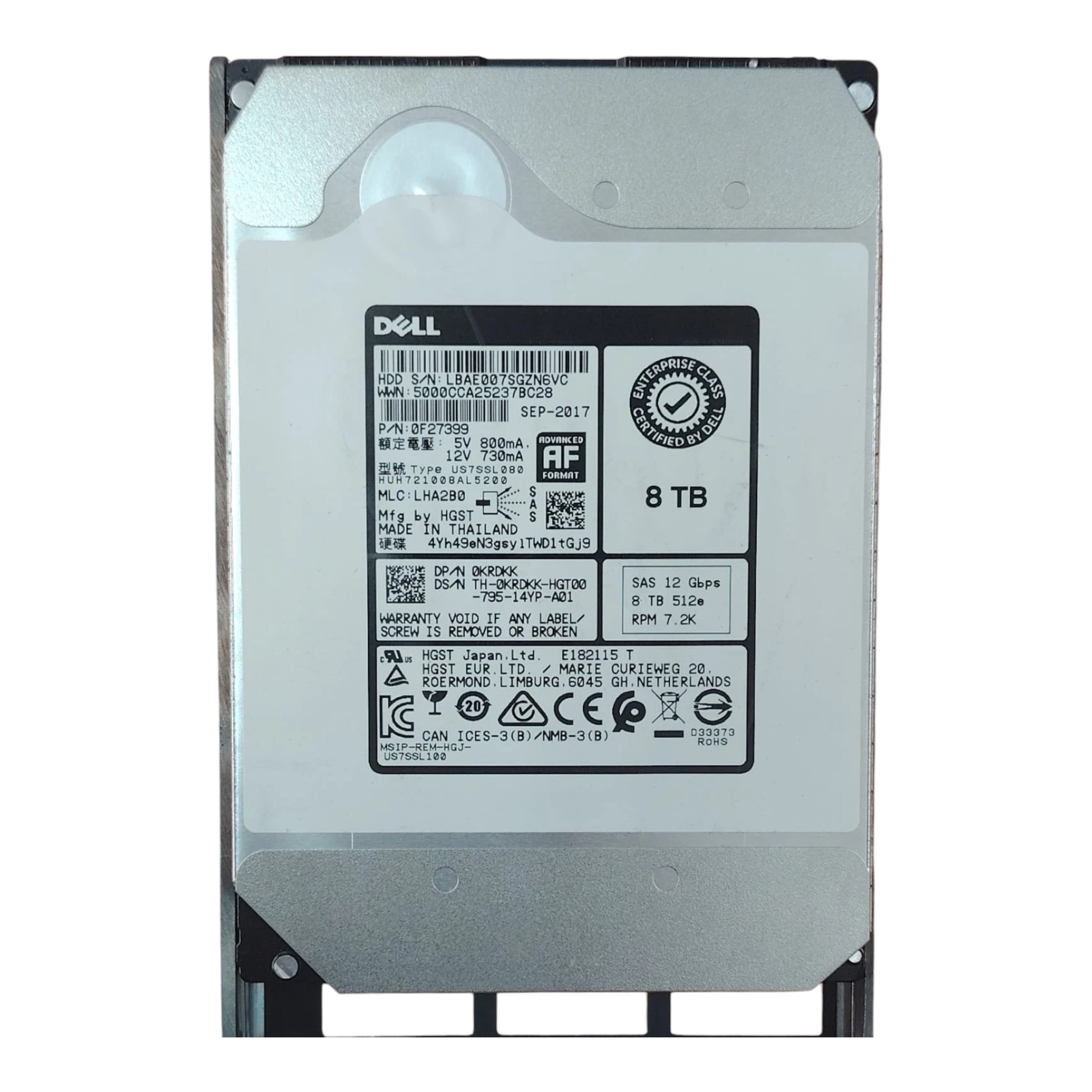 Dell 0KRDKK 8TB 7200RPM SAS 12Gb/s 3.5" Enterprise HDD – 0F27399, HGST, No Caddy