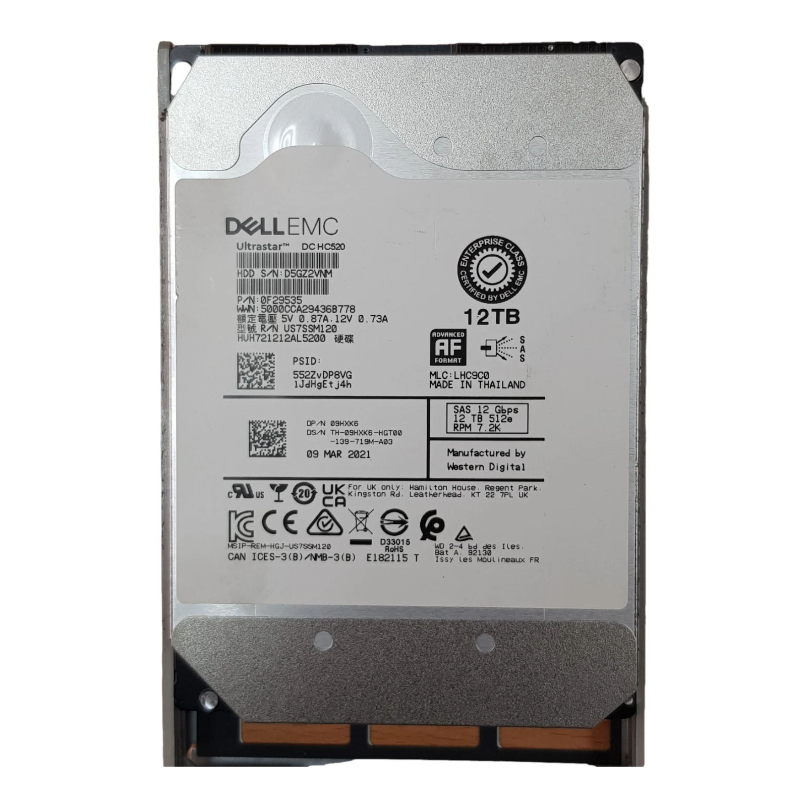 Dell 12TB 3.5" SAS 12Gb/s Enterprise HDD – P/N 09HXK6 HUH721212AL5200 7200RPM W/O Caddy
