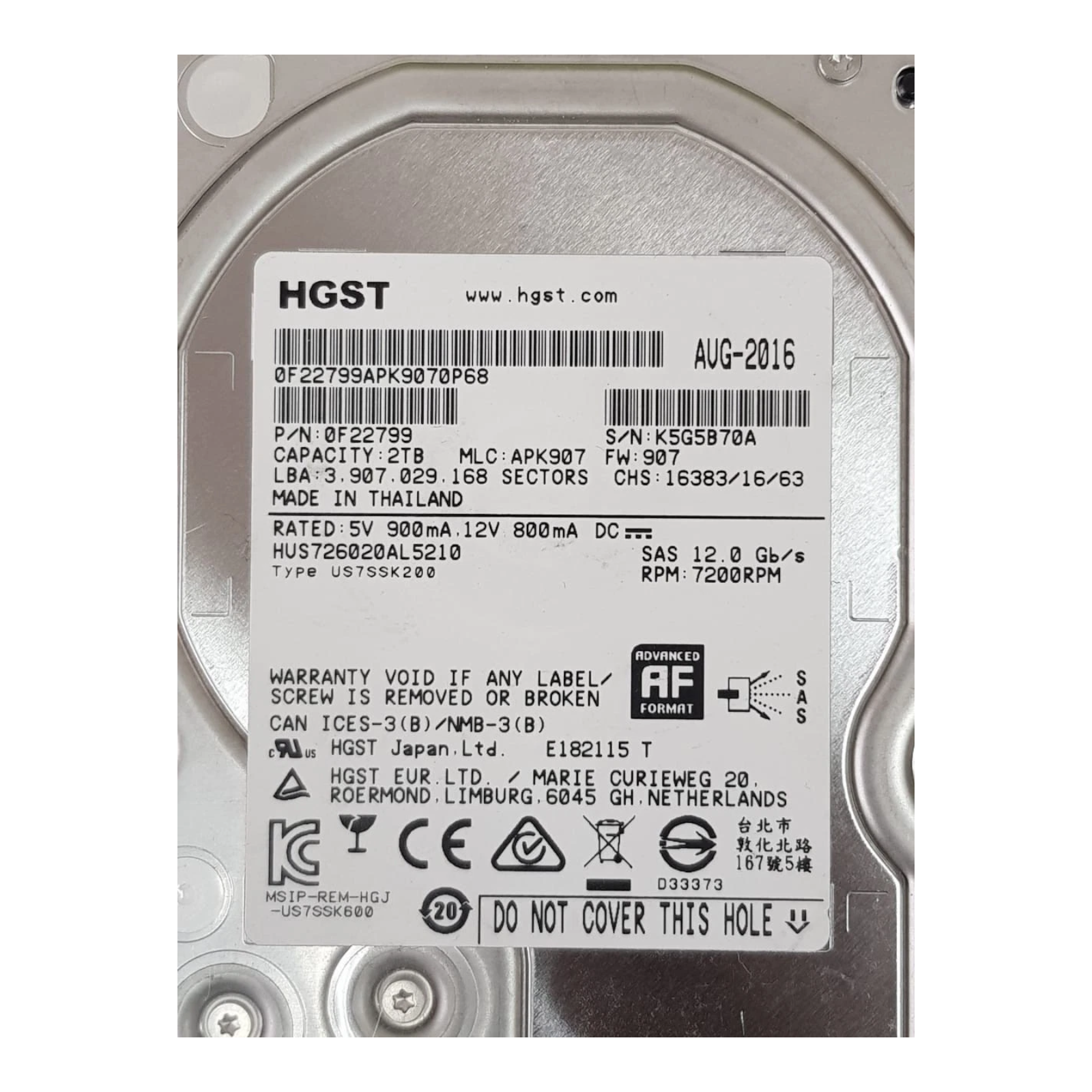 HGST 2TB 7.2K RPM 3.5" SAS 12Gb/s Enterprise HDD – P/N 0F22799 HUS726020AL5210