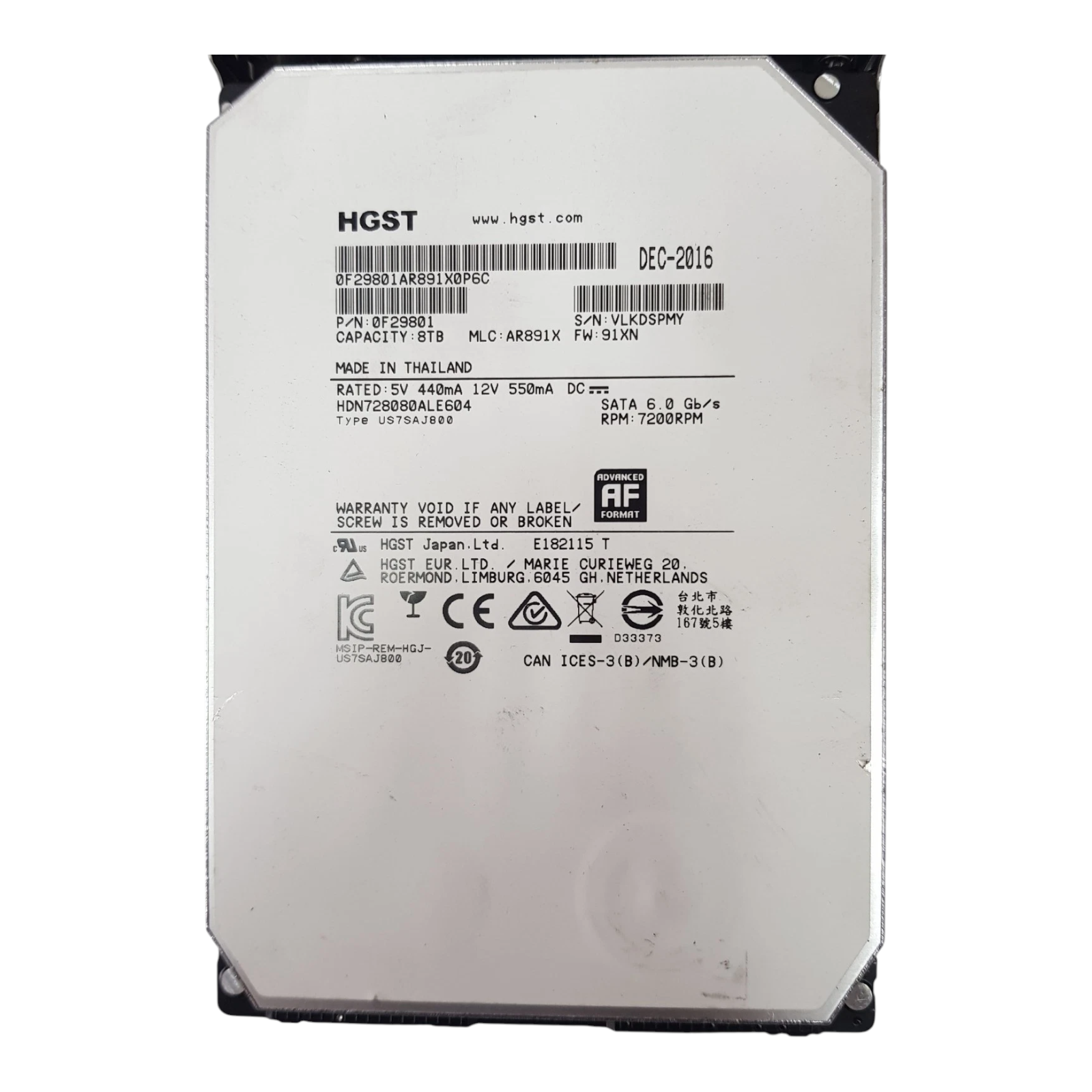 HGST 8TB 7200RPM SATA 6Gb/s 3.5" Enterprise Hard Drive (0F29801, HDN728080ALE604) – No Caddy