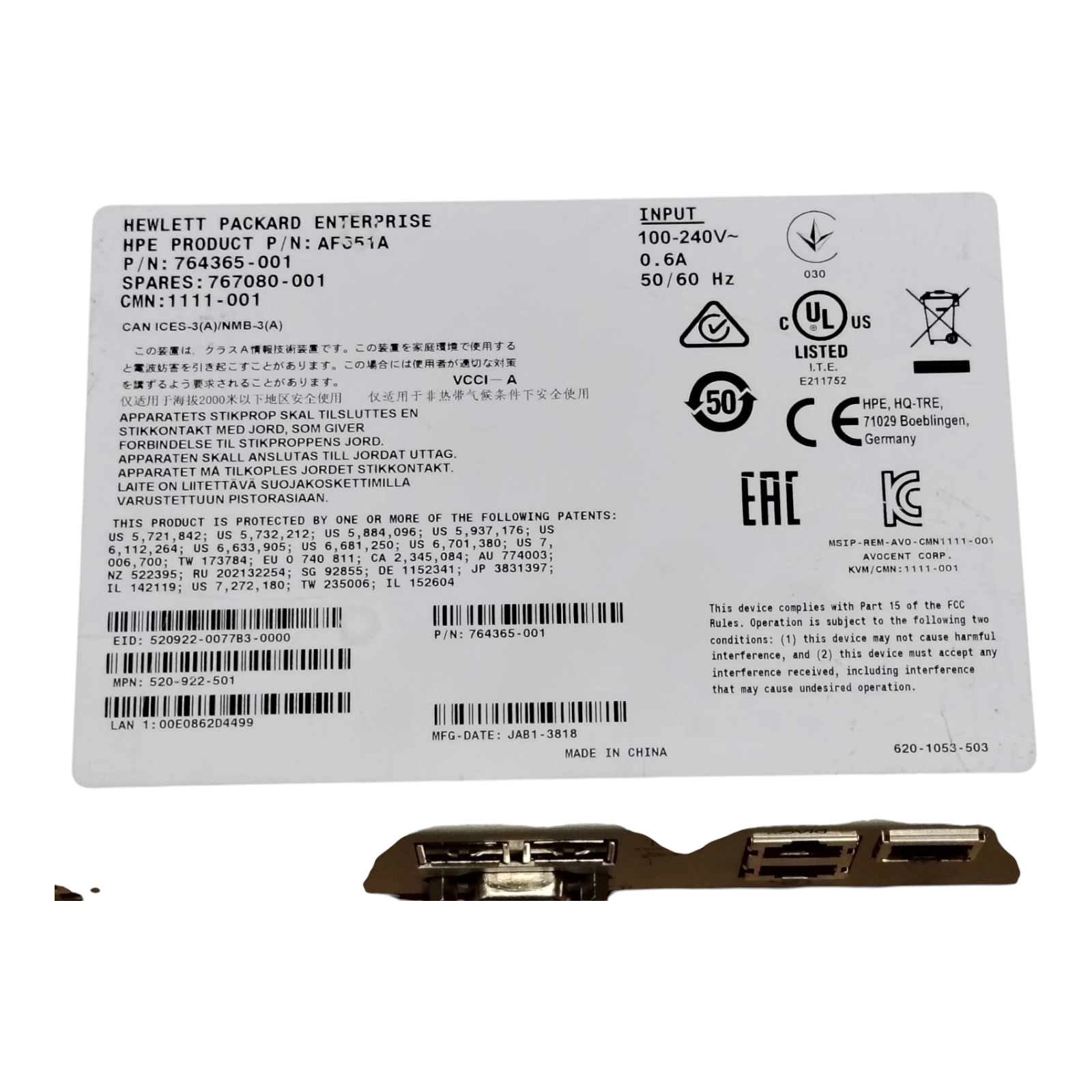 HP AF651A 0x1x8 G3 KVM Console Switch | P/N 764365-001 | Rackmount Server Management Switch