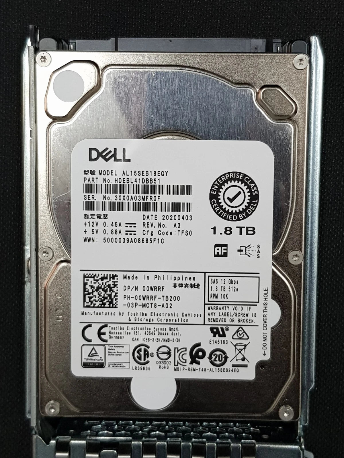 Dell (P/N: 00WRRF) 1.8TB 10K SAS 12Gb/s Enterprise HDD HDEBL41DBB51 2.5