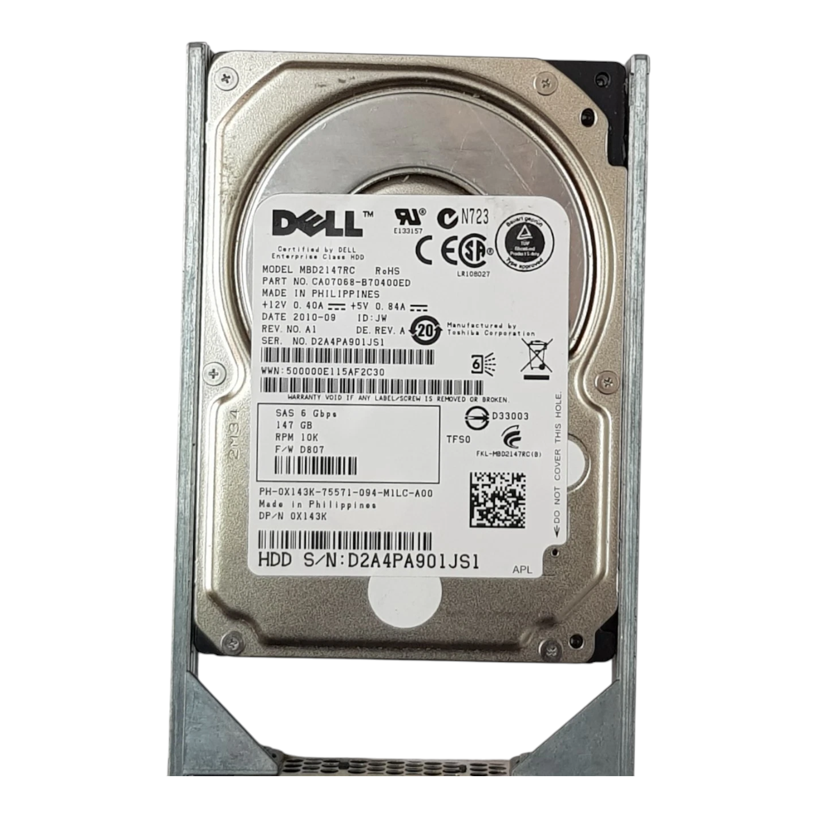 Dell 147GB 10K RPM 2.5" SAS HDD – MBD2147RC / 0X143K (Enterprise Hard Drive, W/O Caddy)