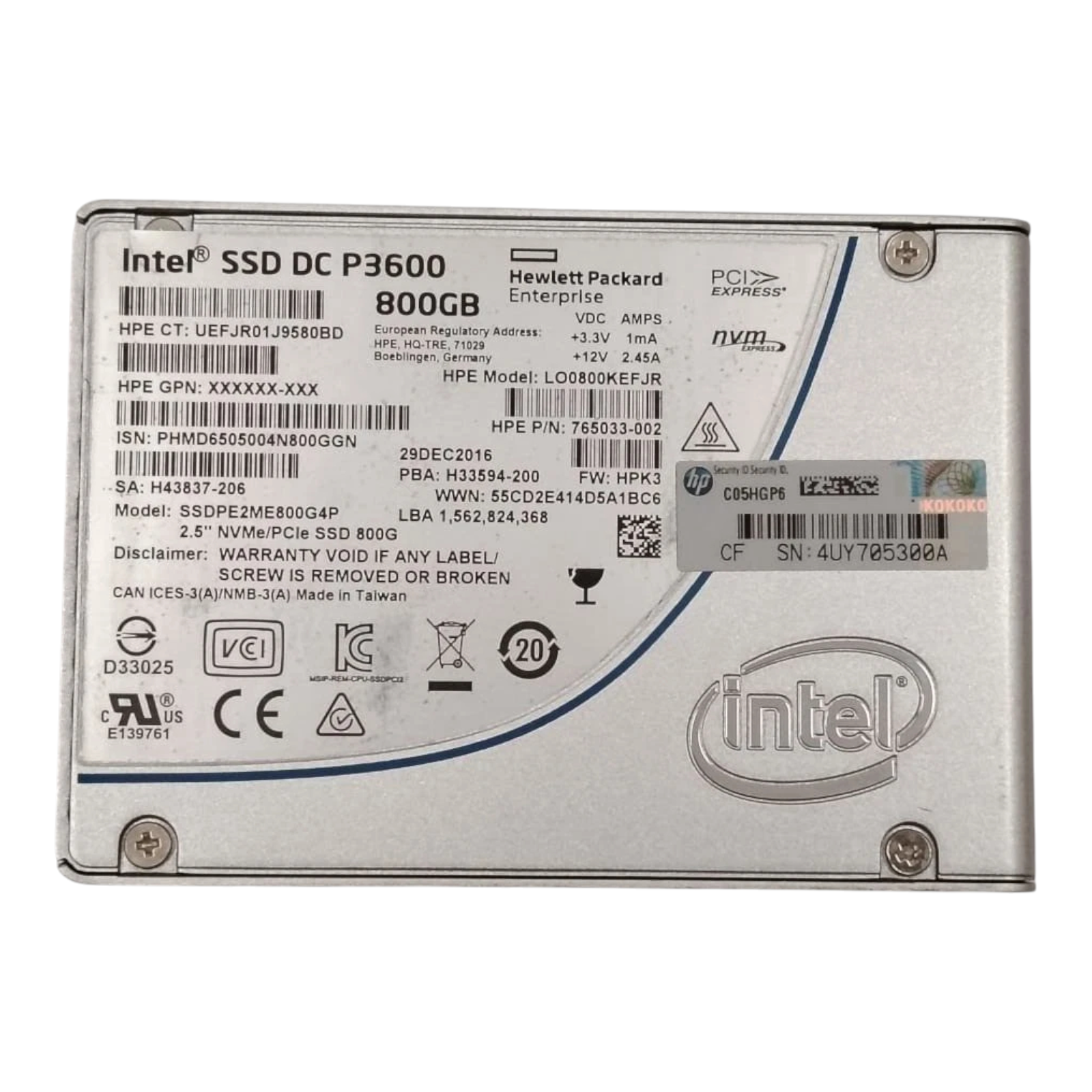 HP/Intel 800GB NVMe PCIe SSD | Model SSDPE2ME800G4P | P/N 765033-002 | 2.5" Enterprise Drive