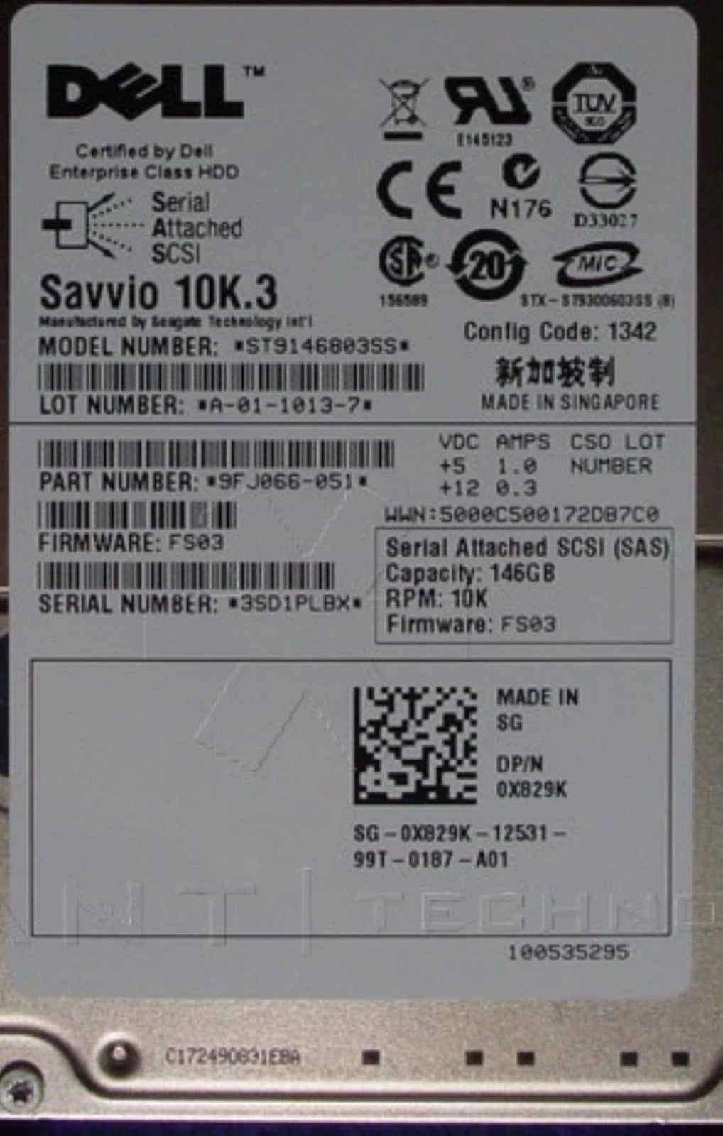 Dell 146GB 2.5" SAS HDD – 10K RPM Enterprise Hard Drive ST9146003SS (P/N: 0X829K)