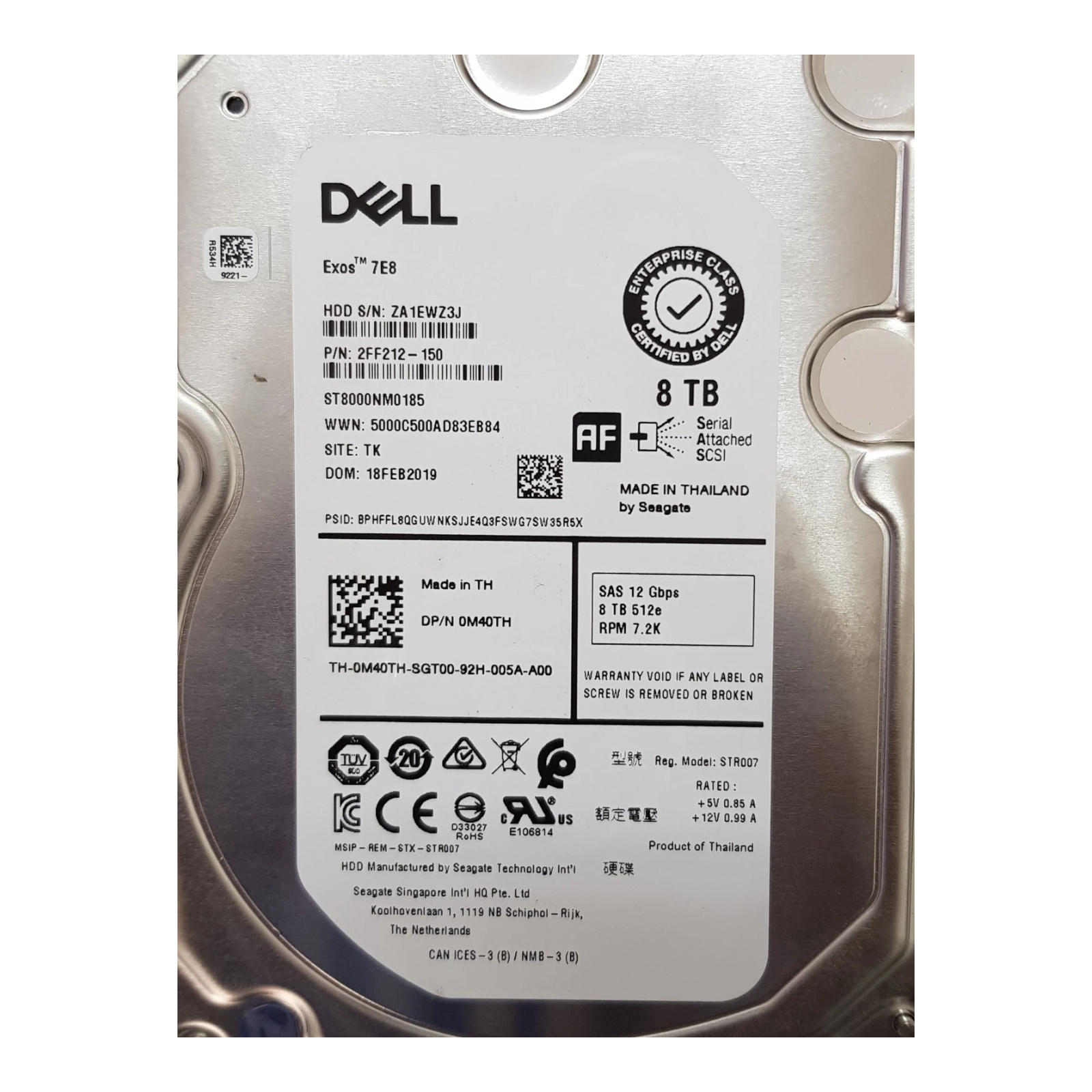 Dell 0M40TH 8TB 7200RPM SAS 12Gb/s 3.5" Enterprise HDD – ST8000NM0185 Exos 7E8 (No Caddy)