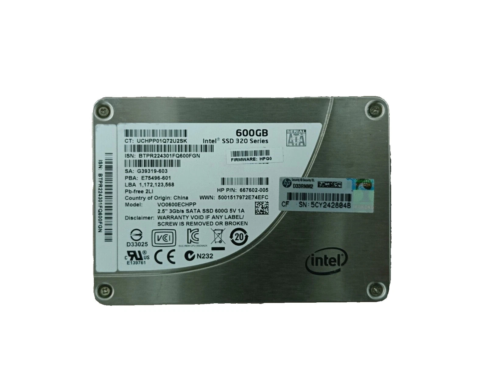 HP/Intel 600GB 2.5" SATA SSD | P/N 667602-005 | Model VO0600ECHPP | Enterprise 320 Series Drive