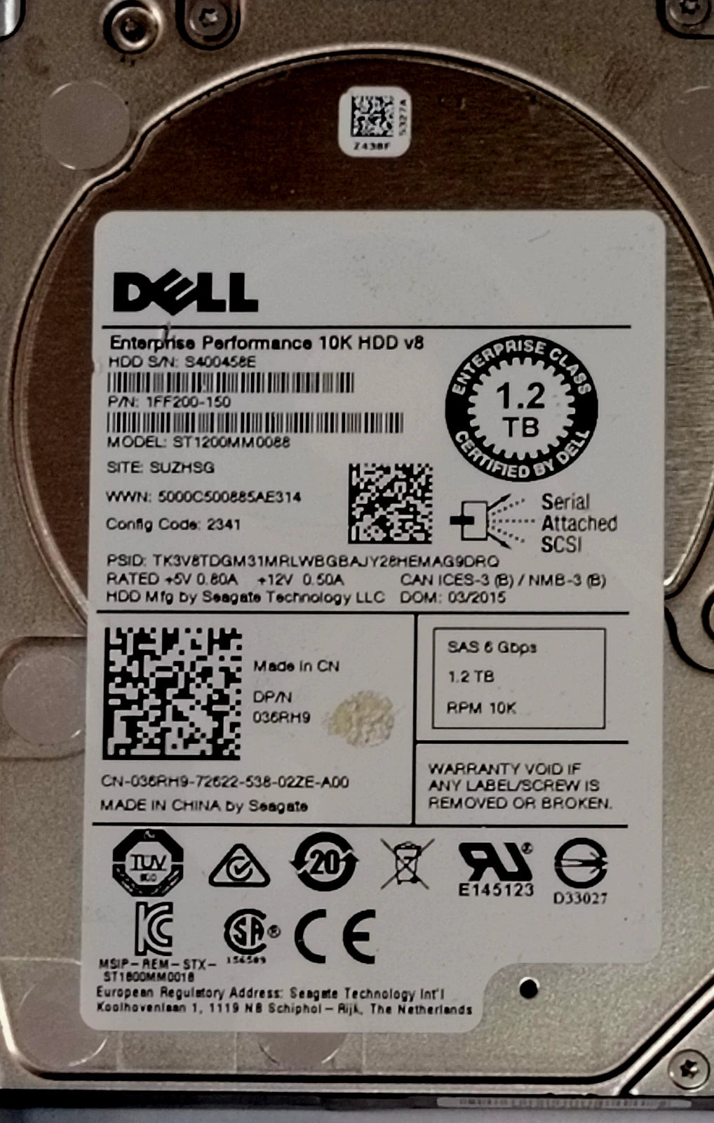 Dell 036RH9 1.2TB 10K RPM SAS 6Gb/s 2.5" Enterprise HDD – ST1200MM0086 1FF200-150