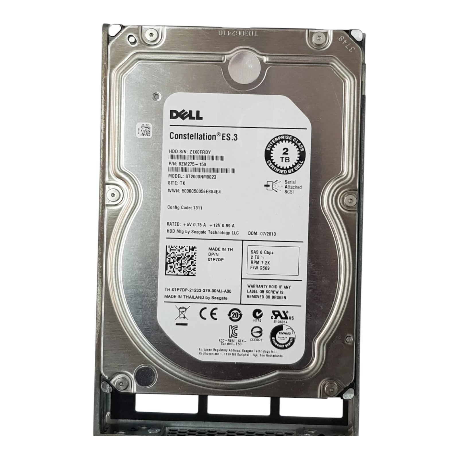 Dell 2TB 3.5" SAS 7.2K RPM Enterprise HDD – ST2000NM0023 (P/N 01P7DP) w/o caddy