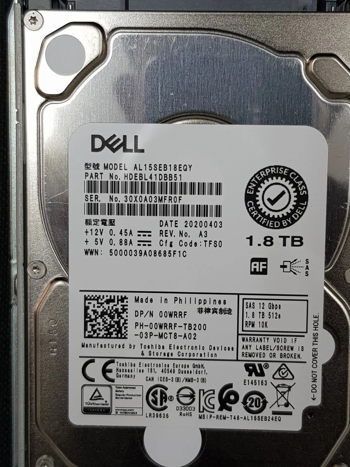 Dell (P/N: 00WRRF) 1.8TB 10K SAS 12Gb/s Enterprise HDD HDEBL41DBB51 2.5