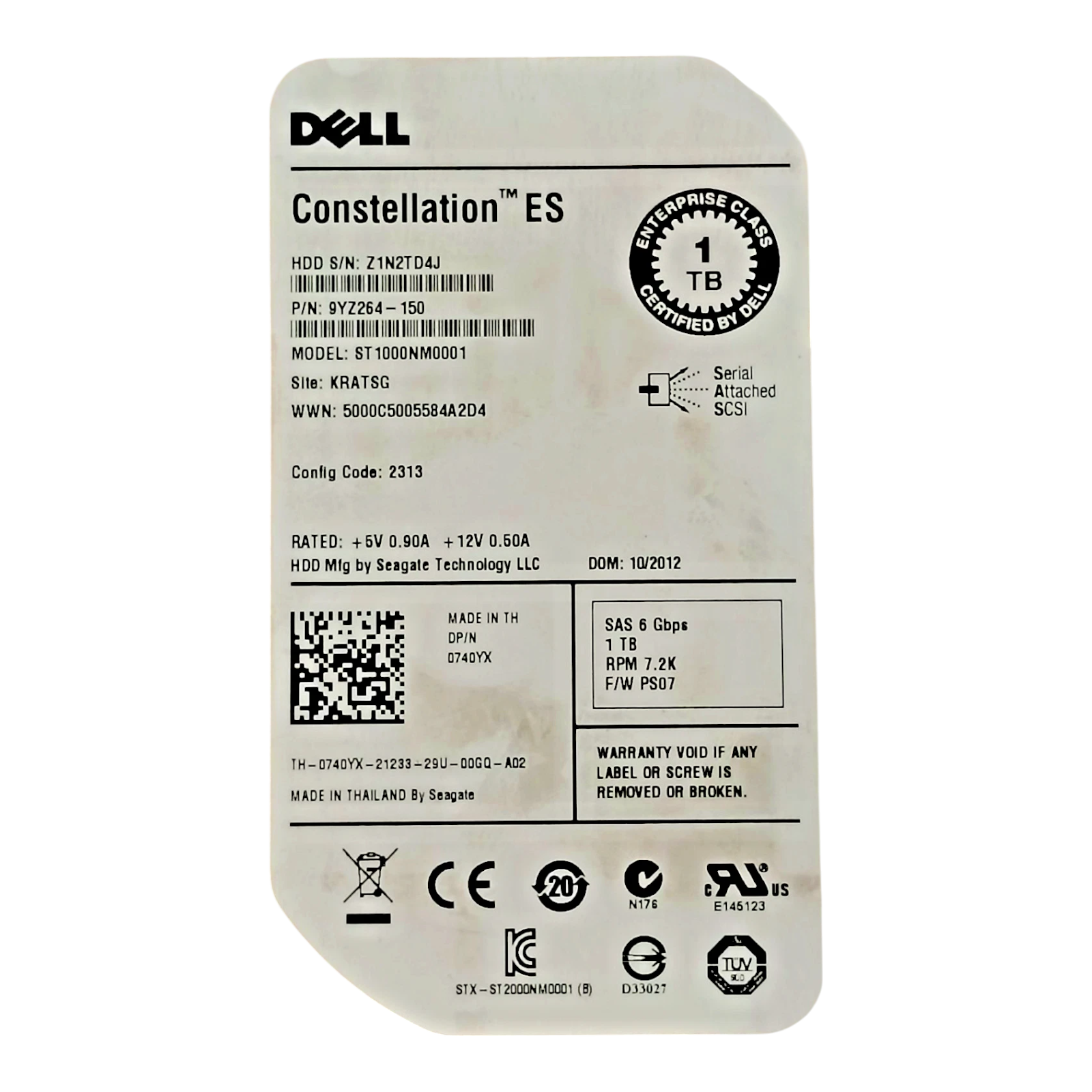 DELL 1TB 3.5" SAS Enterprise Hard Drive (ST1000NM0001, 0740YX) – 7200 RPM, 6Gbps
