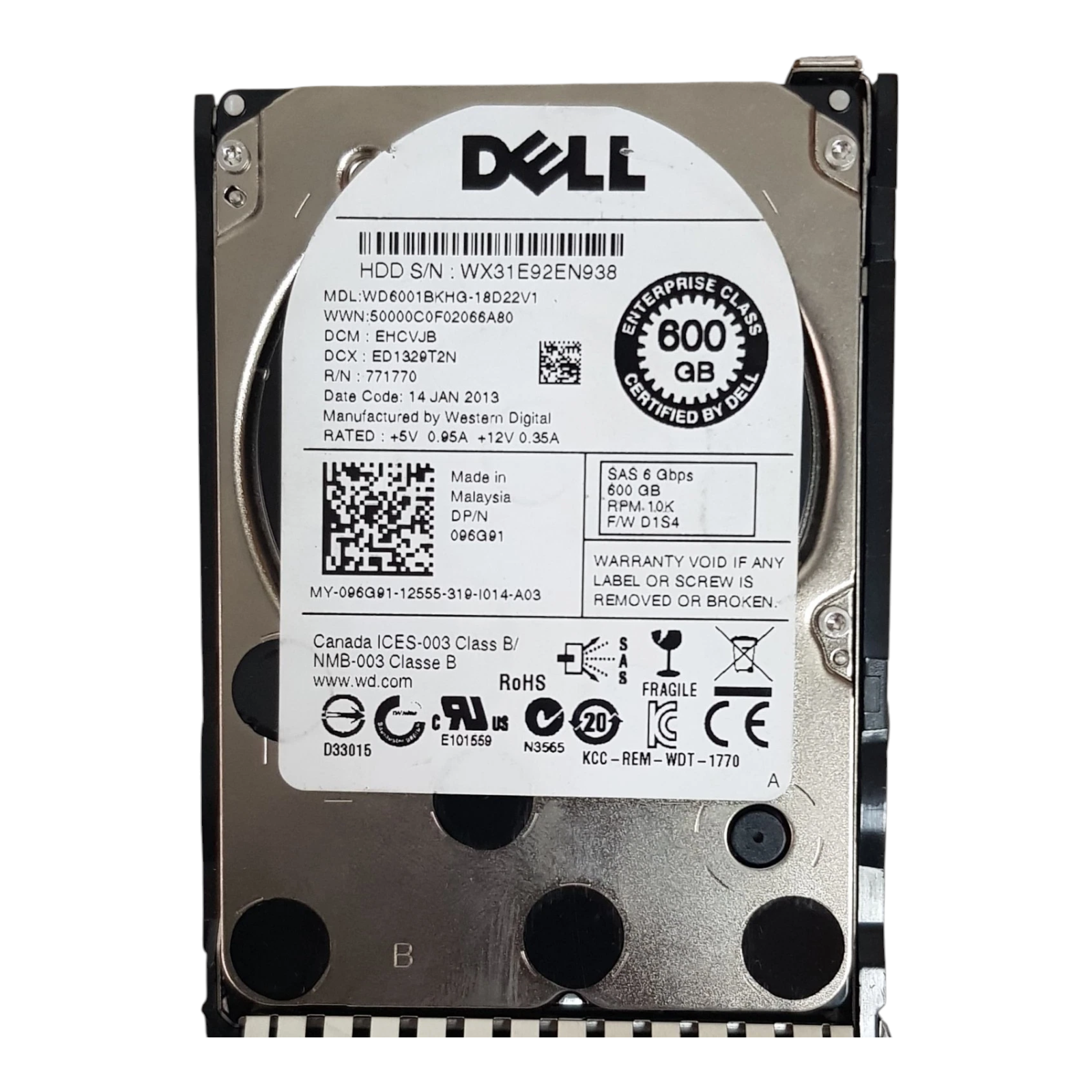 Dell 600GB 10K RPM SAS 6Gb/s 2.5" Enterprise Hard Drive (096G91, WD6001BKHG) – No Caddy