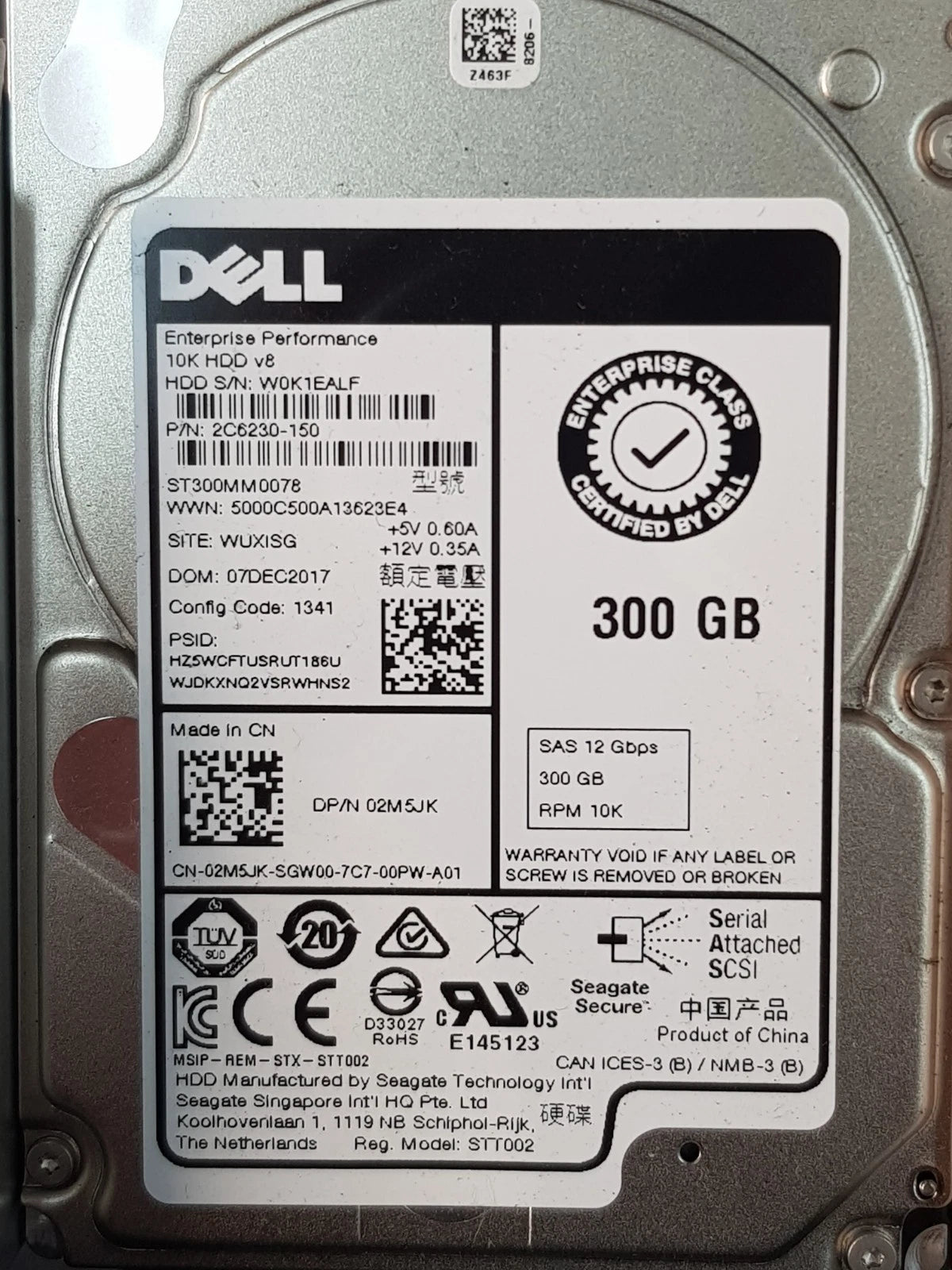 Dell 300GB 2.5" SAS 12Gb/s 10K RPM Enterprise HDD – P/N 02M5JK ST300MM0078