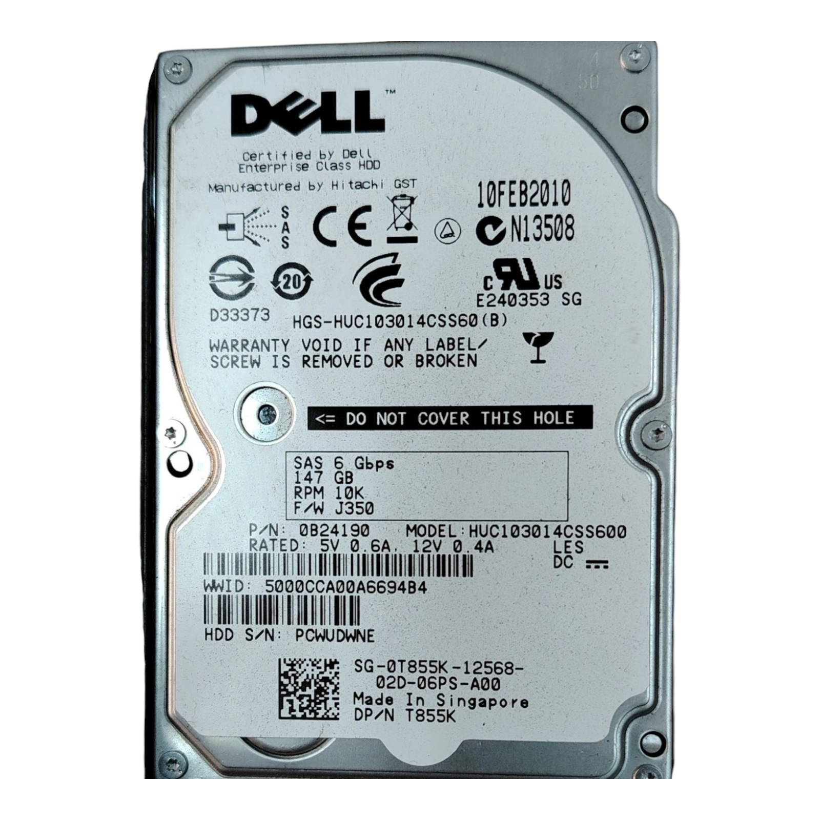 Dell 147GB 10K RPM 2.5" SAS HDD – 0T855K / HUC103014CSS600 (Enterprise Hard Drive, W/O Caddy)