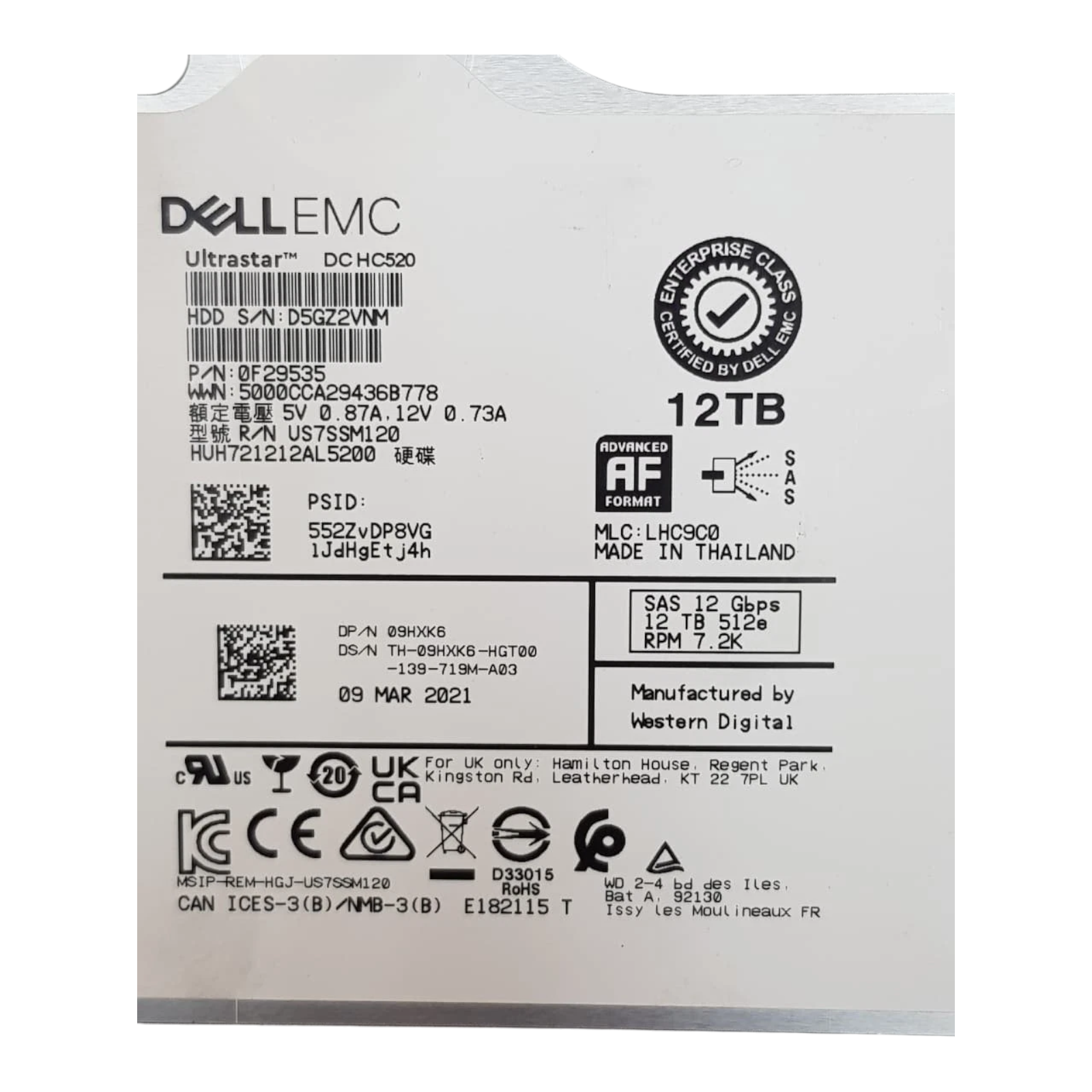 Dell 12TB 3.5" SAS 12Gb/s Enterprise HDD – P/N 09HXK6 HUH721212AL5200 7200RPM W/O Caddy