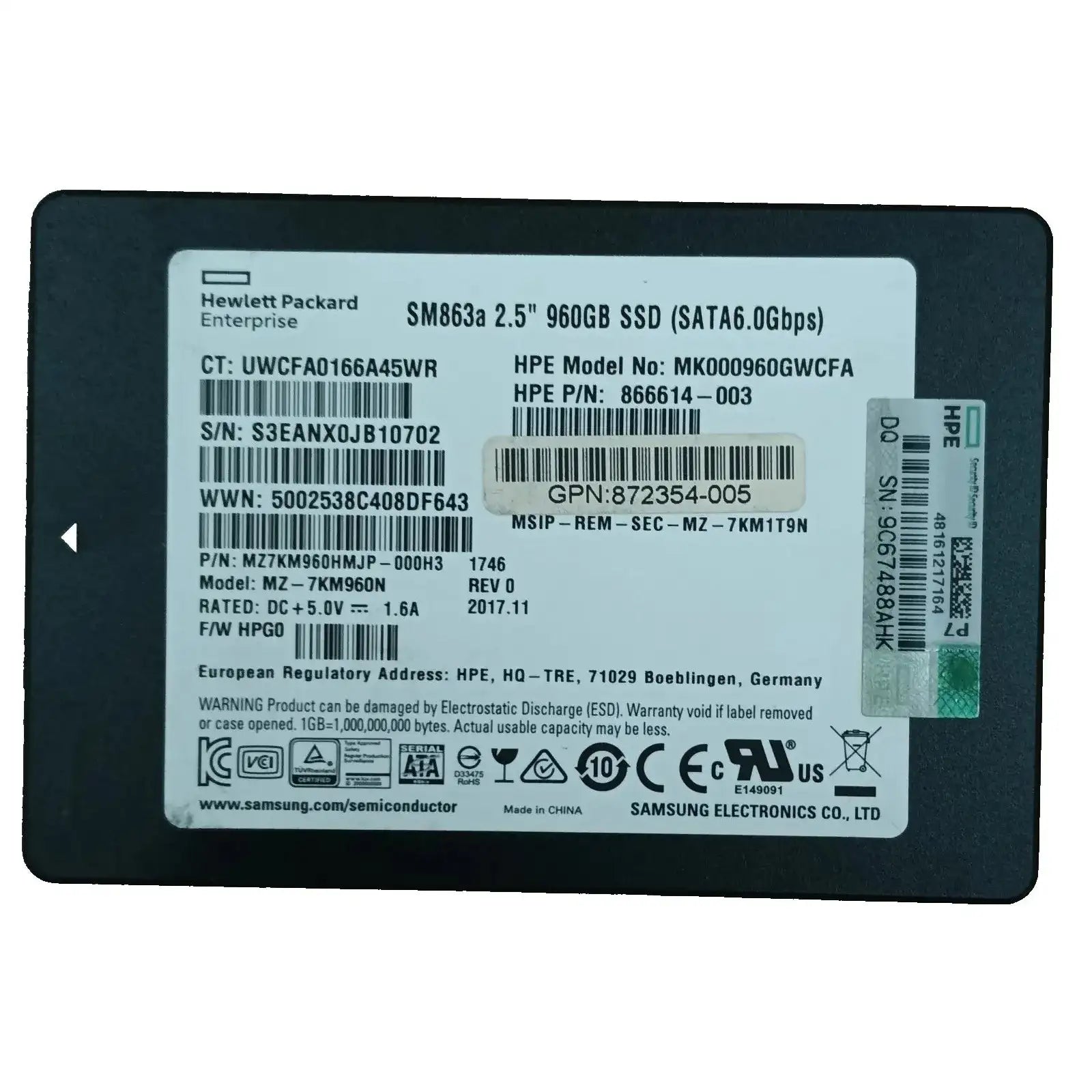 HP Samsung 866614-003 960GB 2.5" SATA SSD MZ7KM960HMJP-000H3