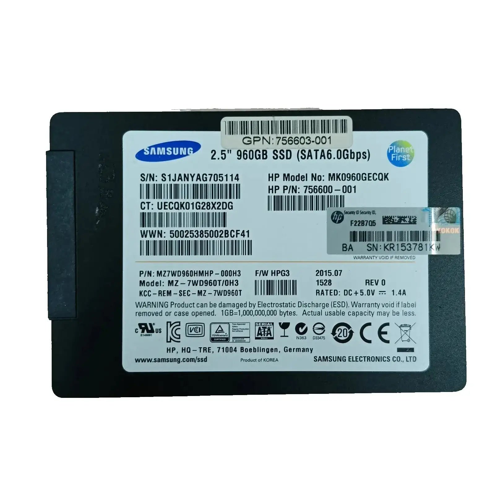 HP Samsung (P/N:756600-001) 960GB SATA SSD MZ7WD960HMHP-000H3 2.5"