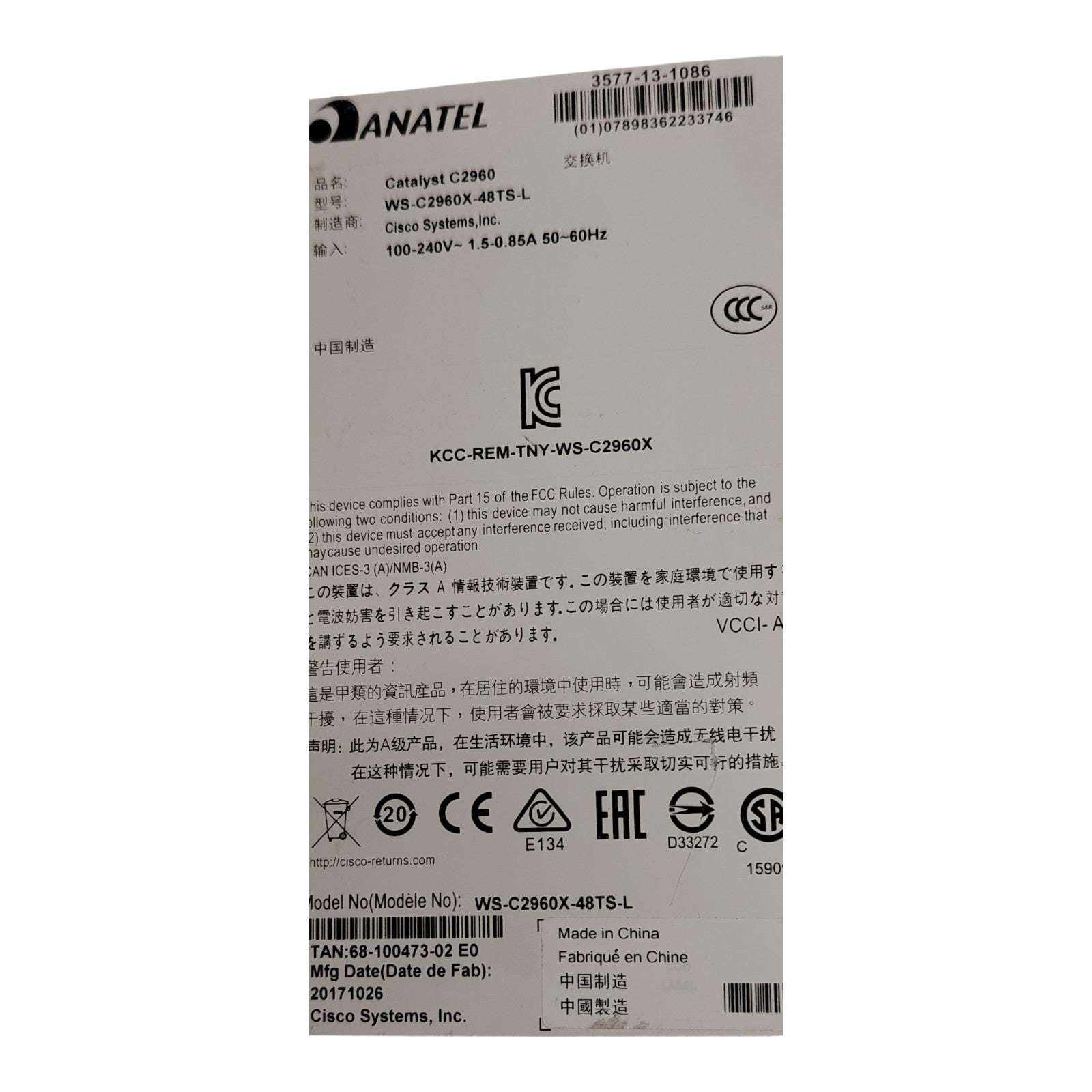 Cisco Catalyst WS-C2960X-48TS-L 48-Port Gigabit Managed Switch with 4 SFP Uplinks – LAN Base IOS