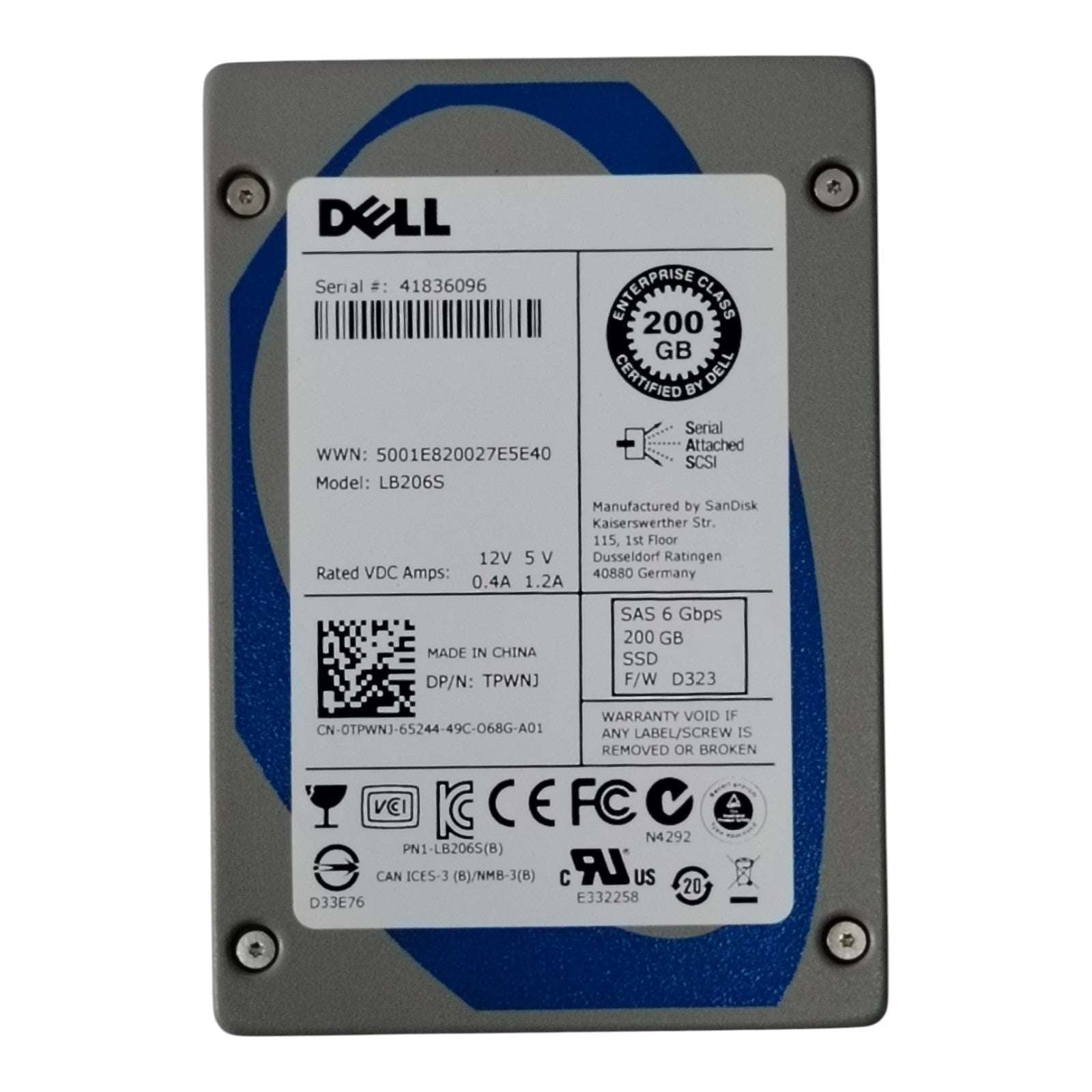 Dell 200GB SAS SSD TPWNJ / LB206S | 2.5" 15mm 6Gb/s Enterprise Solid State Drive