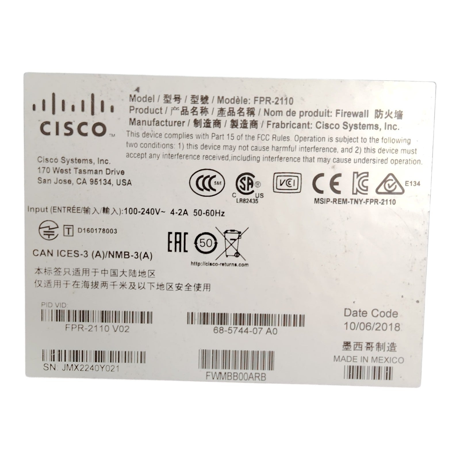 Cisco Firepower FPR-2110 Next-Generation Firewall | 12x RJ-45 | 4x SFP Ports