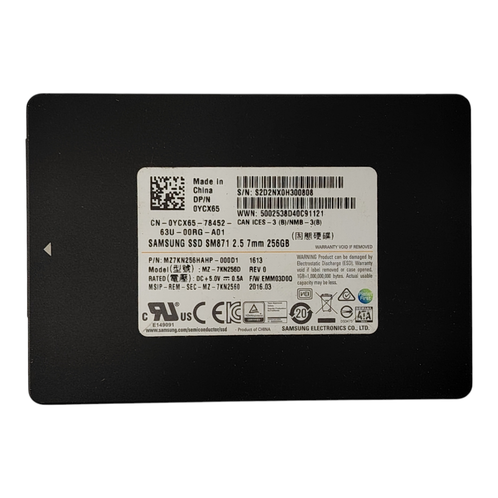 Samsung SM871 256GB SSD 2.5" SATA 6Gb/s 7mm Solid State Drive 0YCX65 – MZ7KN256D