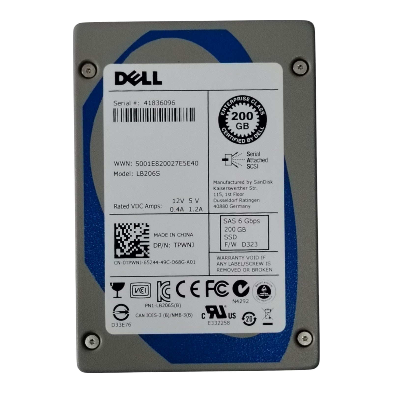 Dell 200GB SAS SSD TPWNJ / LB206S | 2.5" 15mm 6Gb/s Enterprise Solid State Drive
