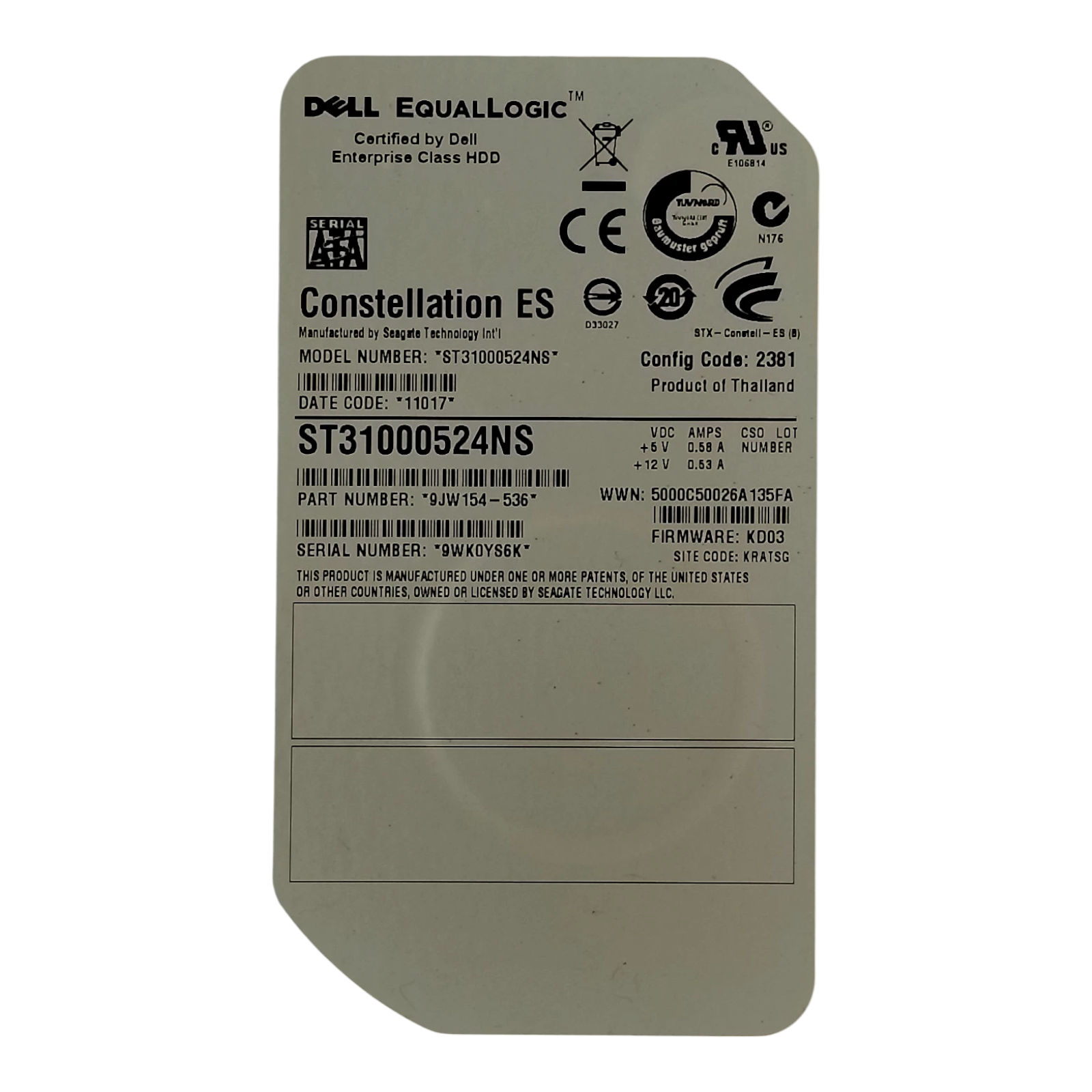 Dell EqualLogic 1TB 7200RPM 3.5" SATA HDD – ST31000524NS / 9JW154-536 (Constellation ES Enterprise Drive)