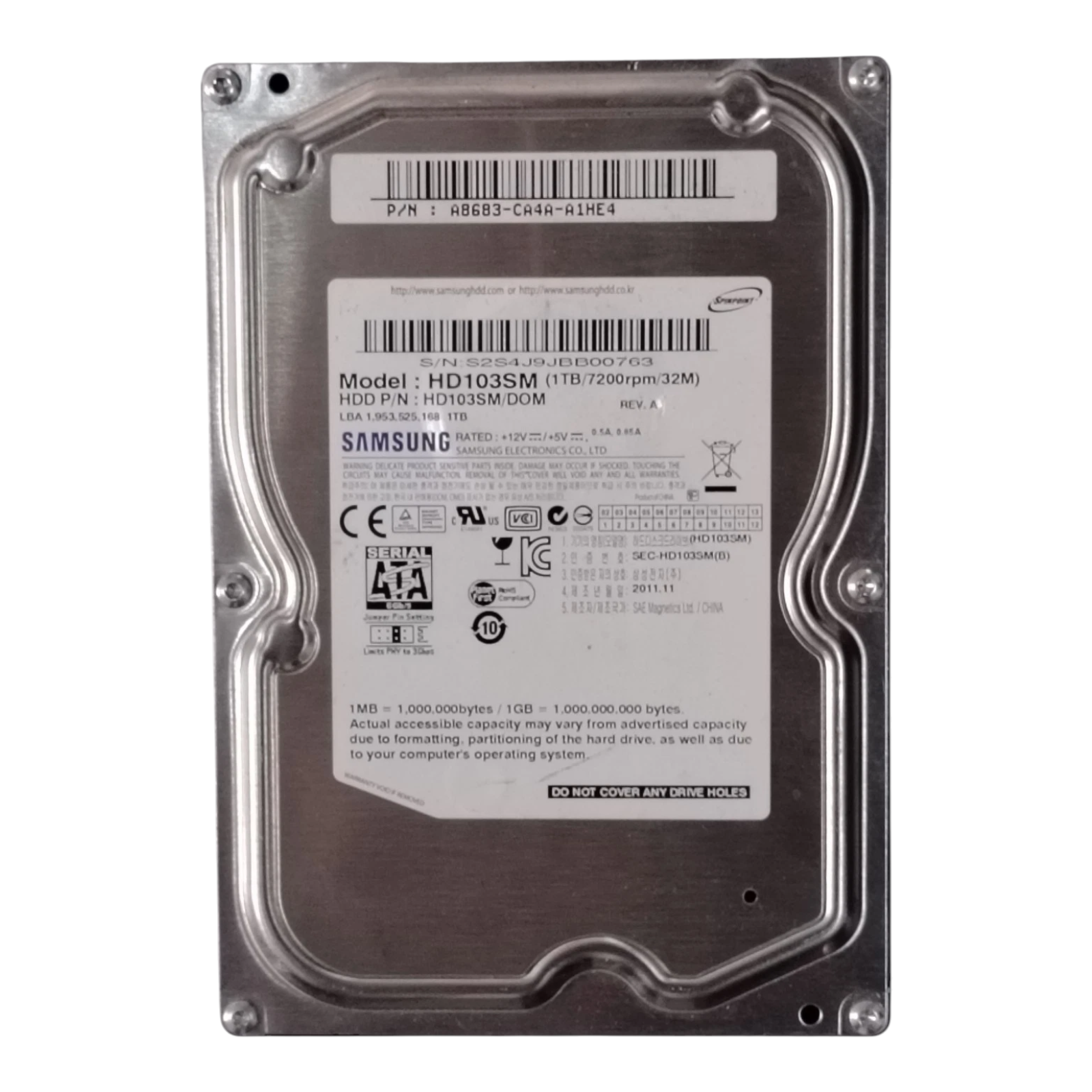 Samsung 1TB 3.5" SATA HDD – HD103SM/DOM, 7200RPM Desktop Hard Drive