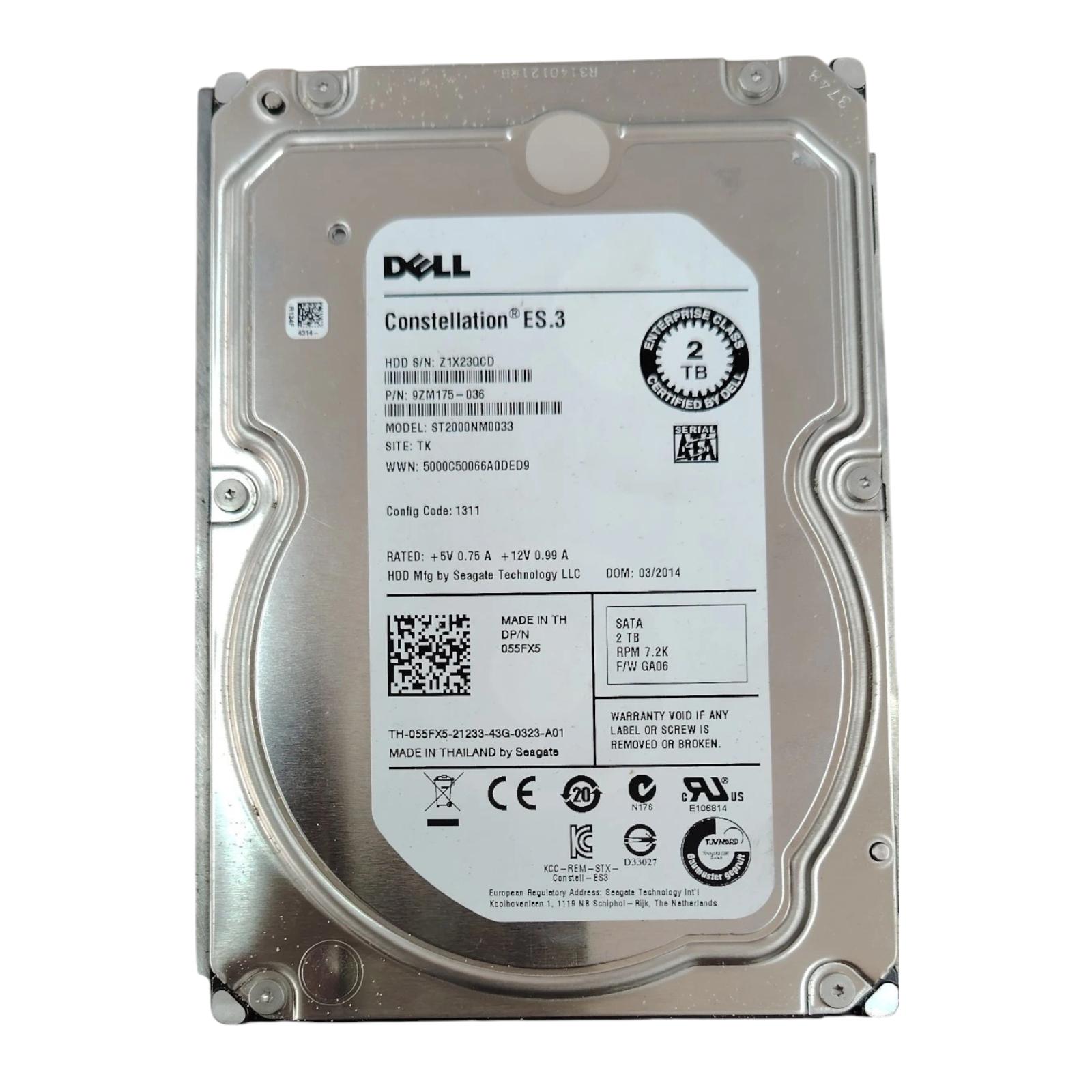 Dell 055FX5 2TB 7200RPM SATA 6Gb/s 3.5" Enterprise Hard Drive – ST2000NM0033 Constellation ES.3 (No Caddy)